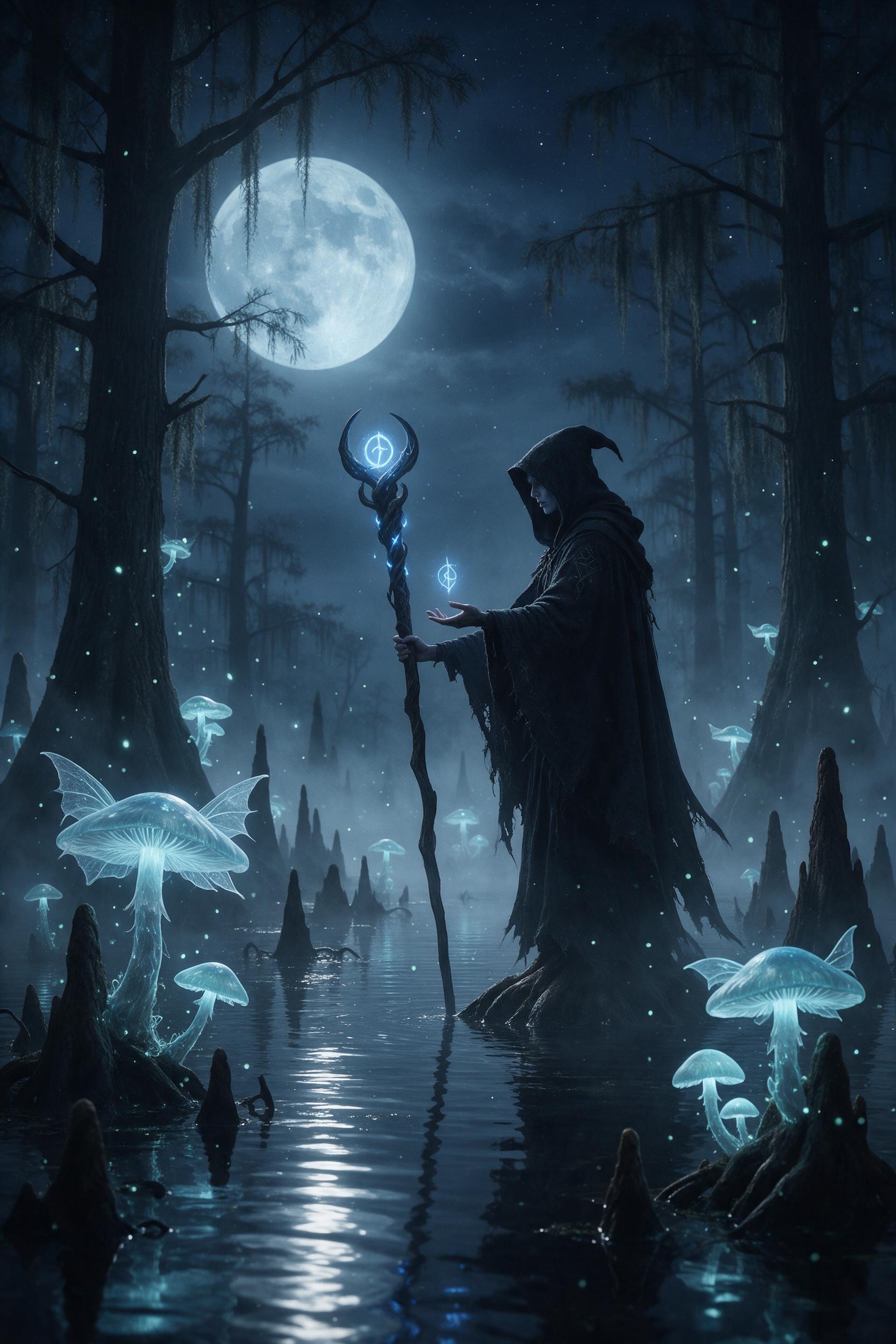 A lone witch in a tattered cloak stands at the edge of a bioluminescent swamp, her staff glowing with soft blue runes. Winged glowing mushrooms scatter pollen that drifts in the humid air. Fog rolls in from the marsh, cloaking the twisted cypress knees. Shallow water mirrors the spectral moonlight. 