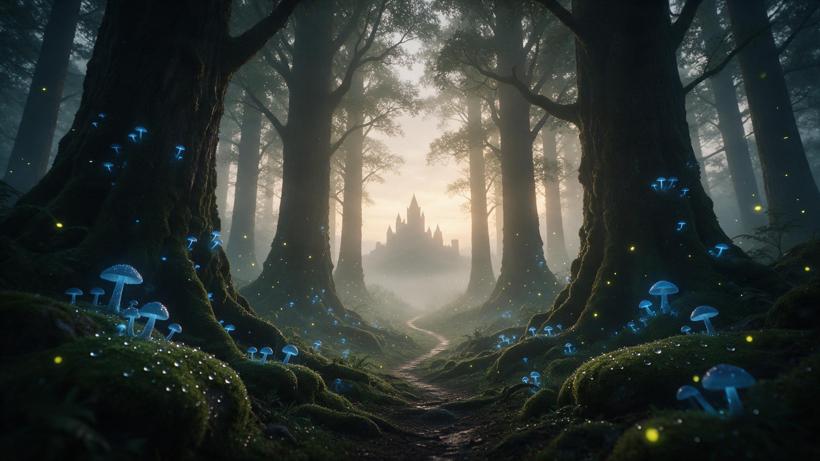 A misty enchanted forest at dawn, ancient towering trees with glowing blue fungi, a narrow winding path leading to a distant castle silhouette, soft golden light filtering through fog, fireflies dancing, water droplets on moss, dreamy ethereal atmosphere, cinematic composition with leading lines