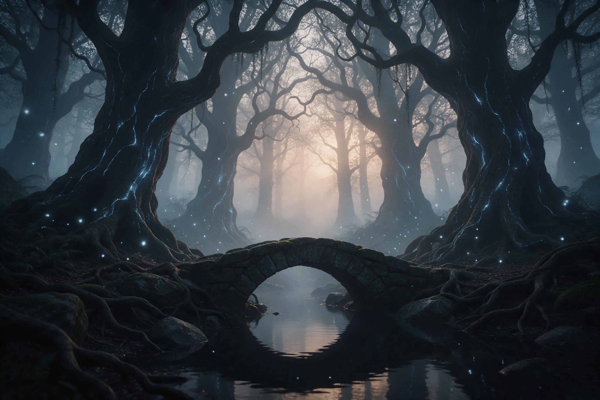 A misty dawn over an ancient enchanted forest, colossal twisted trees with glowing blue veins, floating luminescent spores drifting between gnarled roots, a tiny stone bridge crossing a reflective black pond, soft fog catching amber light from a hidden sun, composition with the bridge leading into d