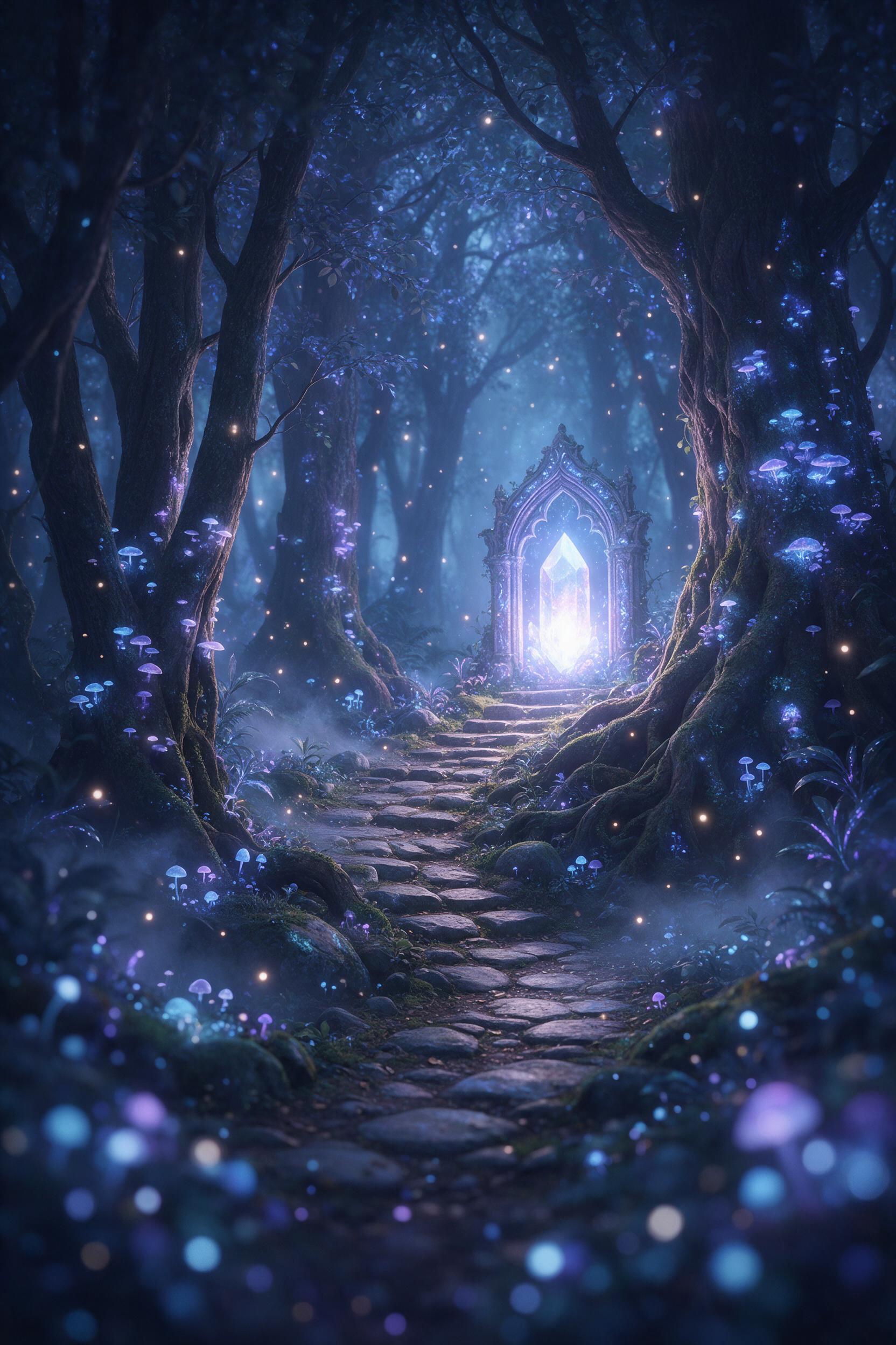 Enchanted ancient forest, towering bioluminescent trees casting soft blue and violet light, mist curling between mossy roots, a winding stone path leading to a glowing crystal shrine, fireflies dancing in the air, depth-of-field with foreground bokeh, magical atmosphere, painterly lighting, muted ea