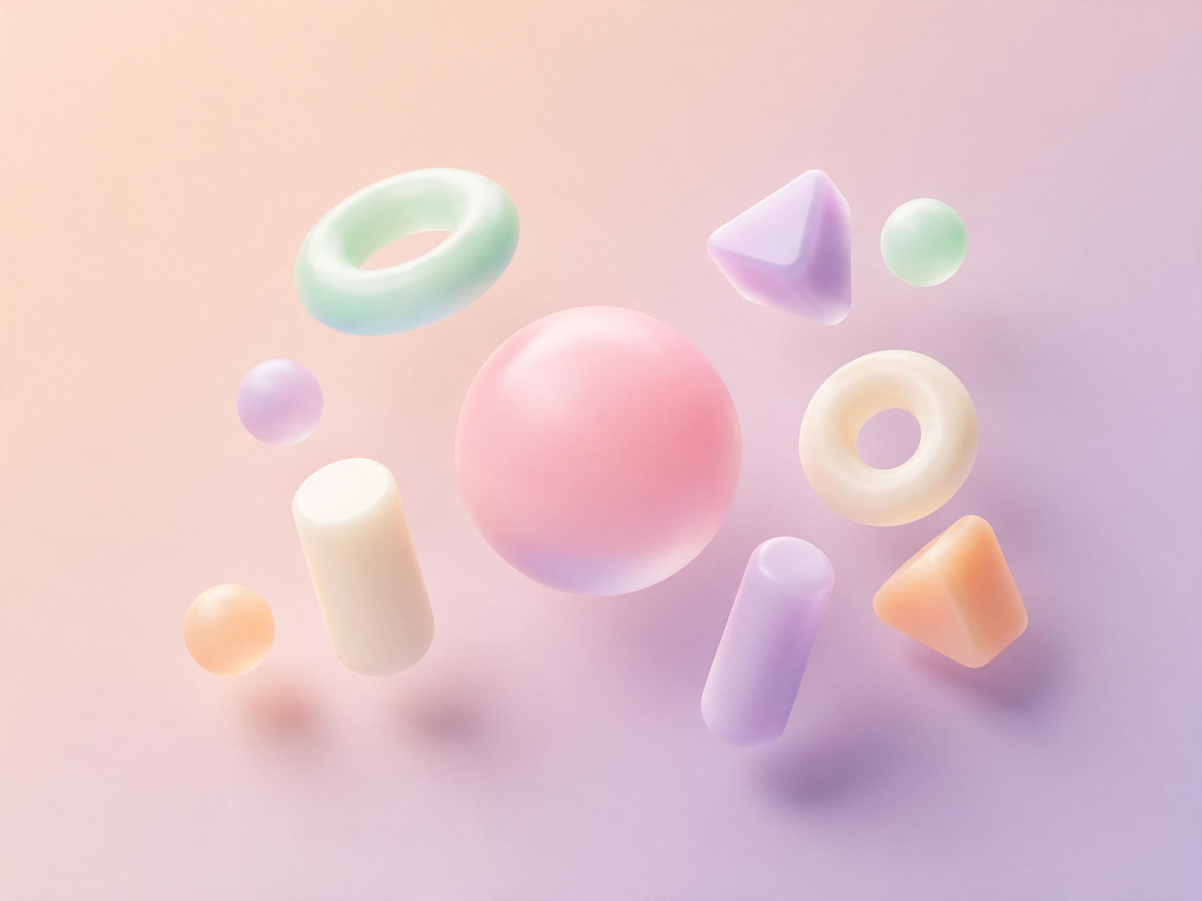 A minimalist composition of translucent geometric shapes in soft pastel tones, floating in a gradient of muted lavender and pale peach. Smooth, matte surfaces with subtle shadows cast by a single, diffused light source from above. No sharp edges, no text, no faces.