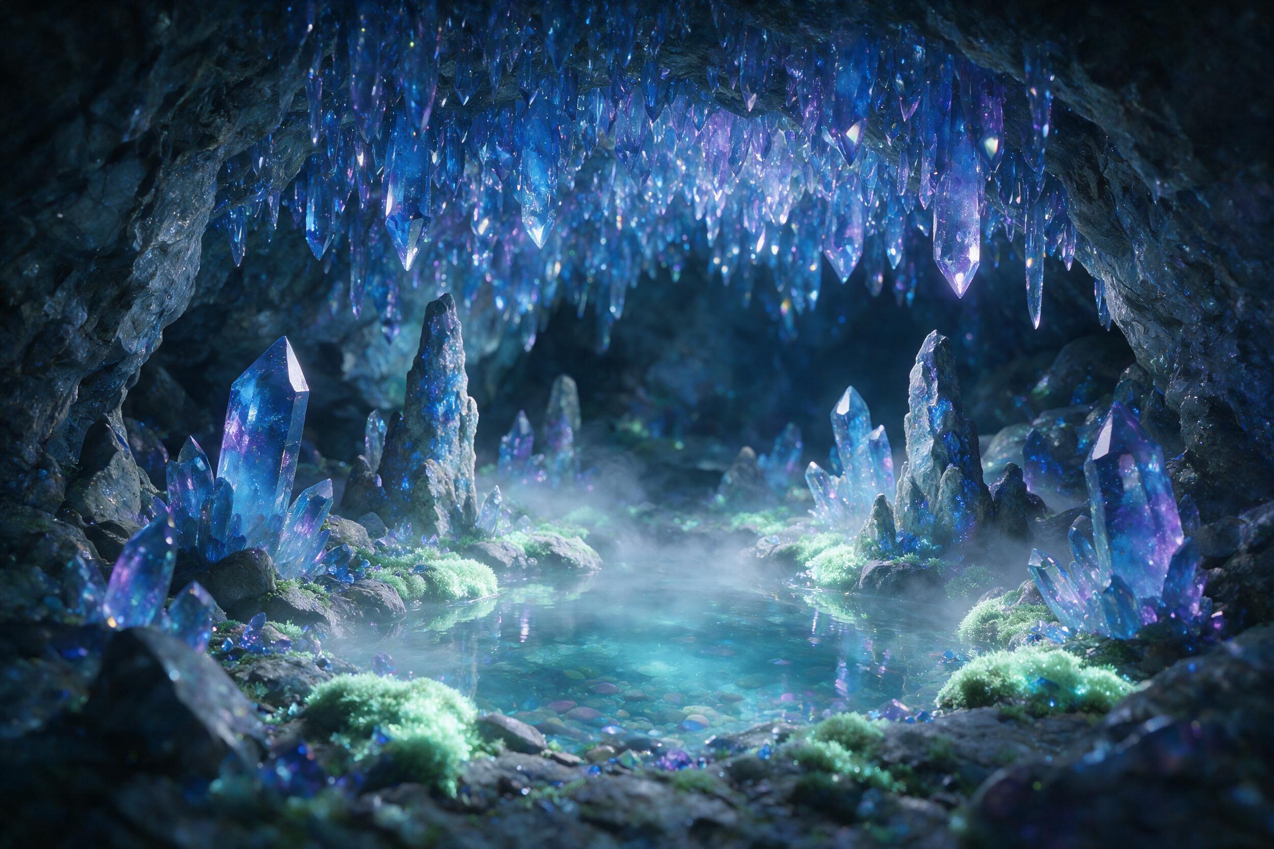A luminous crystal cave deep underground, glowing blue and purple stalactites, a small pool of clear water reflecting the light, gentle mist rising, soft bioluminescent moss on the ground, tranquil atmosphere, shallow depth of field focusing on the crystal formations.