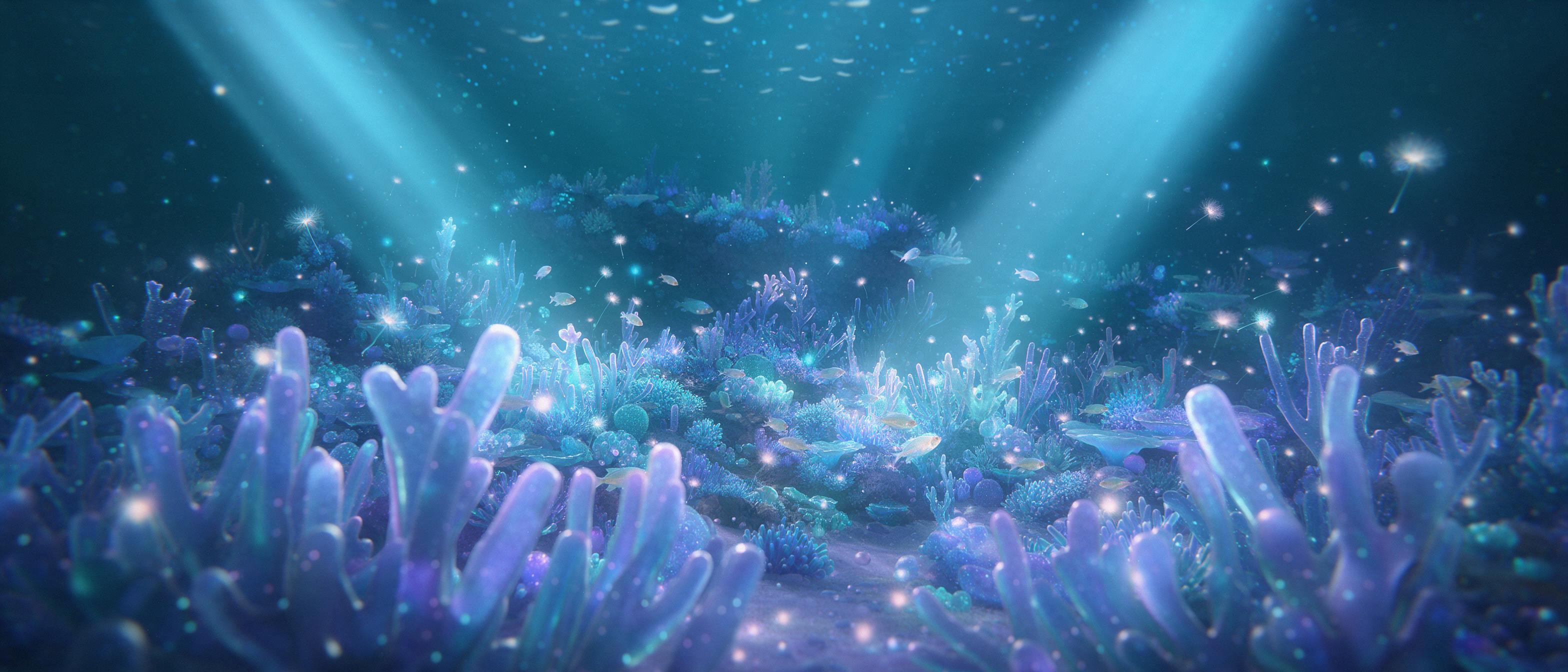 A sunken crystal garden beneath a bioluminescent ocean, coral-like glass formations glowing in teal and violet, small glowing fish weaving between slanted light shafts, eerie calm water, floating dandelion seeds of light, muted shadows, cinematic wide shot