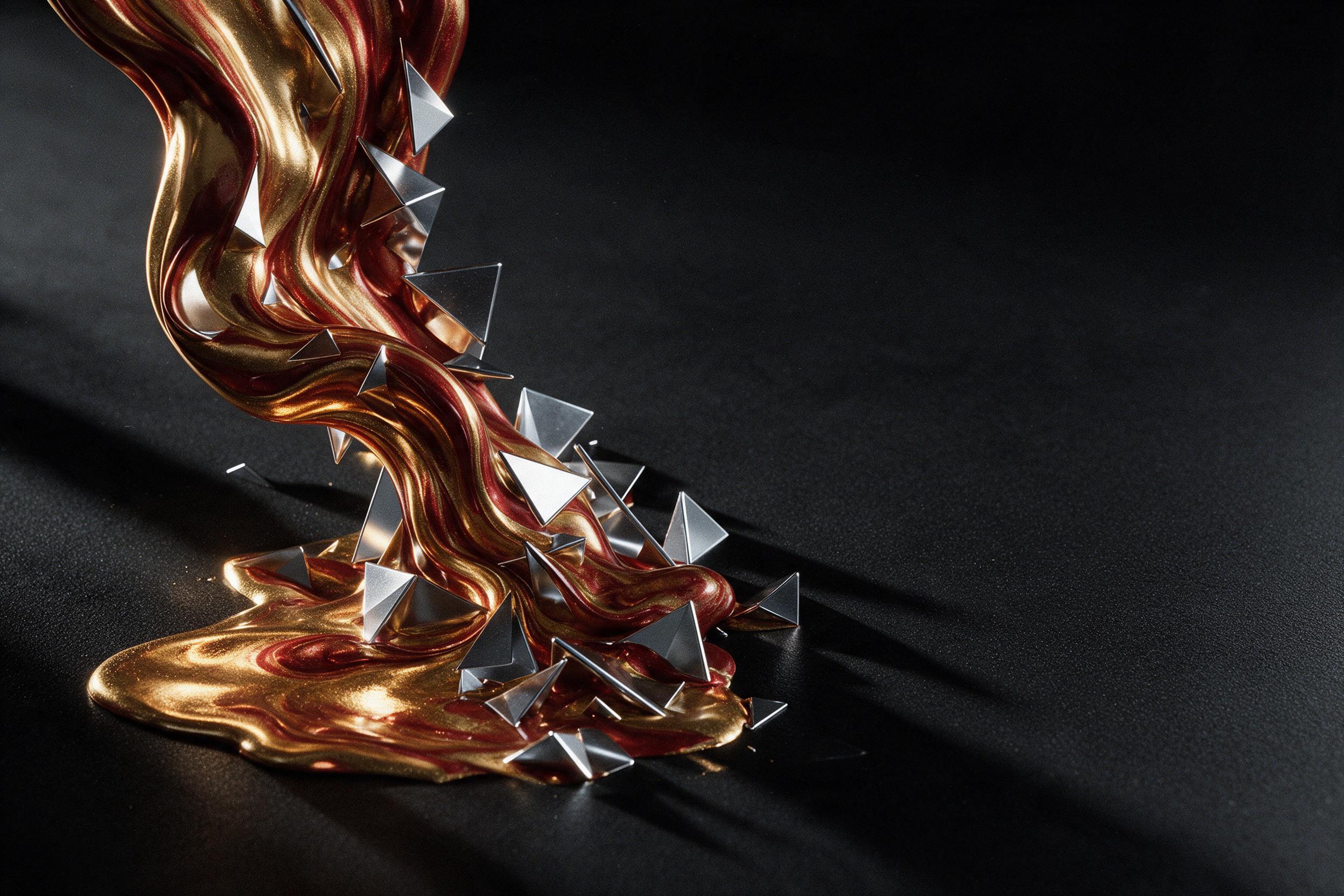 Molten gold and crimson liquid flowing in dark curves, intertwined with sharp silver geometric shards, on a matte black surface. Dramatic chiaroscuro lighting casts long shadows, high contrast reflections on glassy fragments. Minimalist composition with negative space on the right side, natural grai