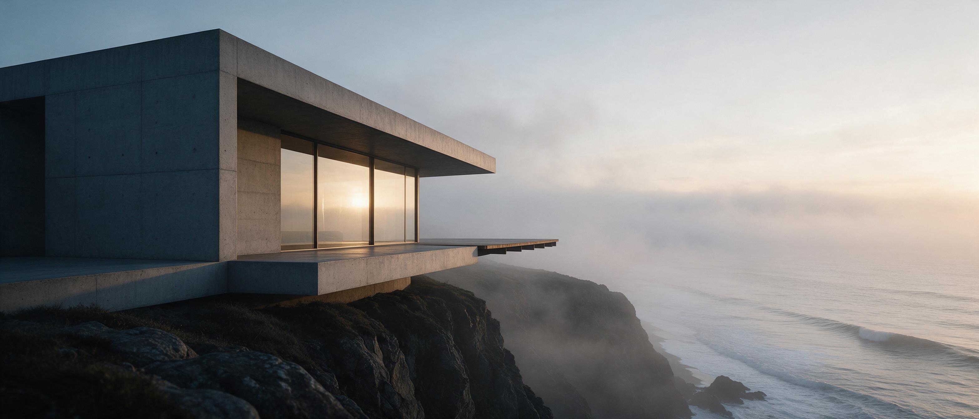 A wide-angle view of a minimalist concrete house on a cliff overlooking a misty ocean at dawn, with large glass windows reflecting soft golden light, a narrow wooden deck extending toward the horizon, sharp geometric lines contrasting with rugged cliffs and gentle waves below, subtle fog patterns dr