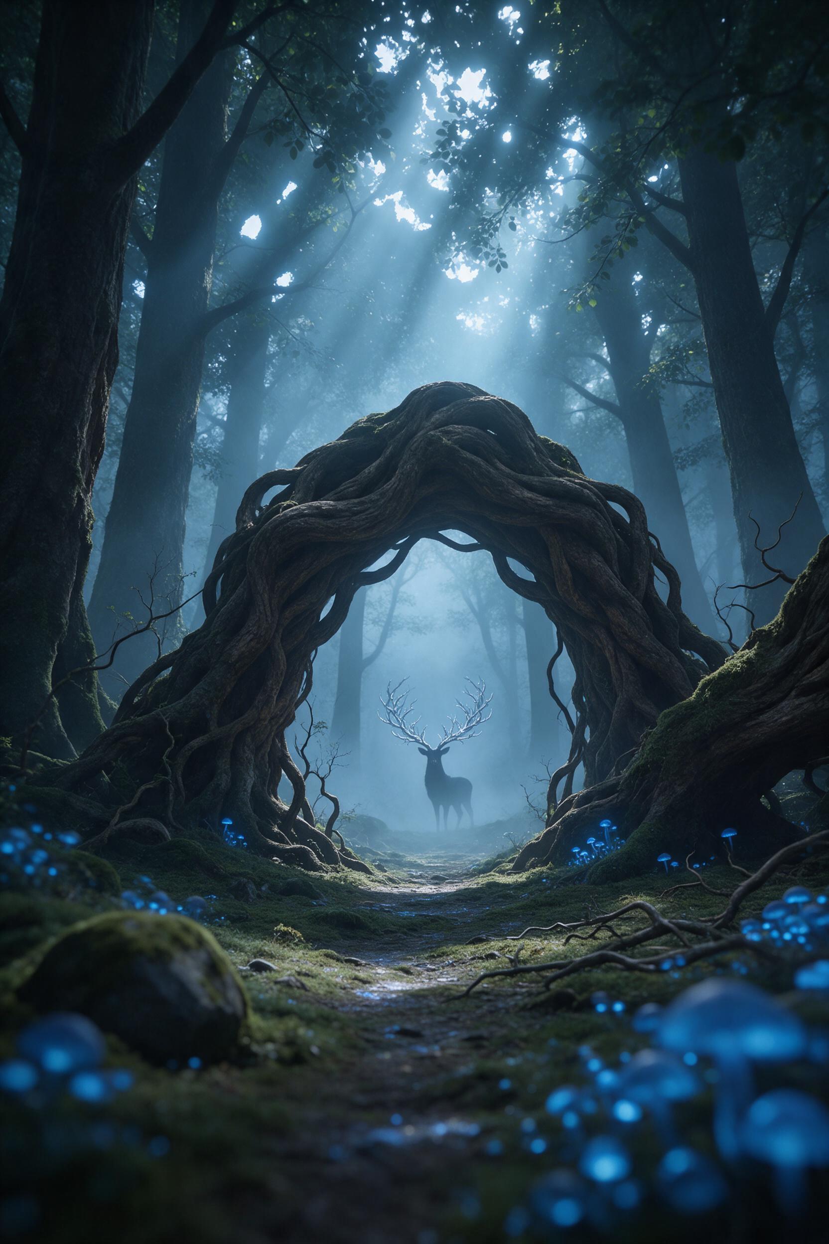 A misty ancient forest at dawn, colossal twisted roots form an archway over a narrow path, glowing blue mushrooms line the mossy ground, soft volumetric light rays pierce the canopy, a distant silhouette of a stag with antlers made of intertwining silver branches, ethereal atmosphere, shallow depth 
