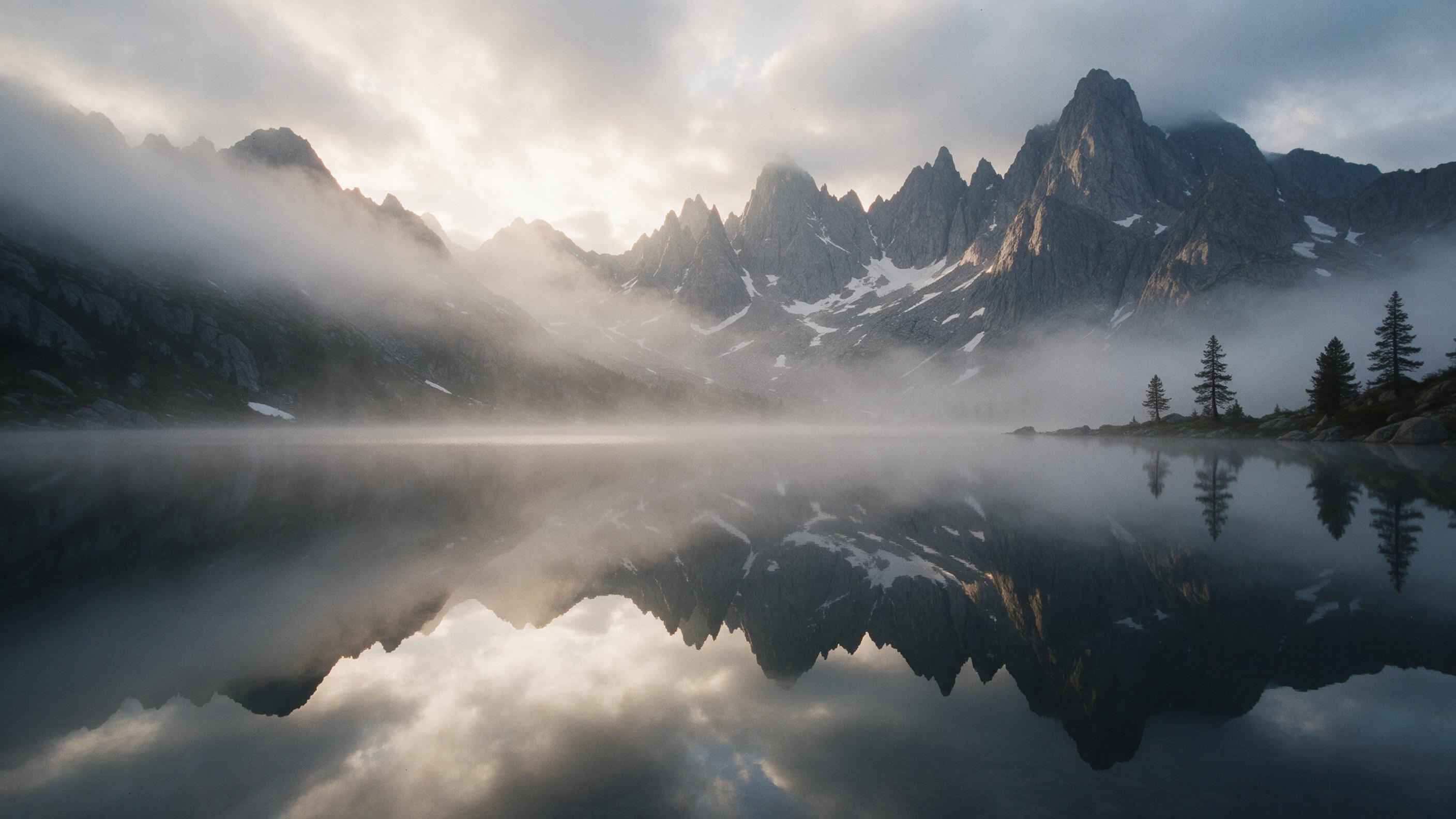 A misty alpine lake at dawn, still water reflecting jagged granite peaks with patches of snow, soft golden light breaking through low clouds, a few pines lining the shore, slight grain and natural color fading, composition centered with mountain mirrored in water.