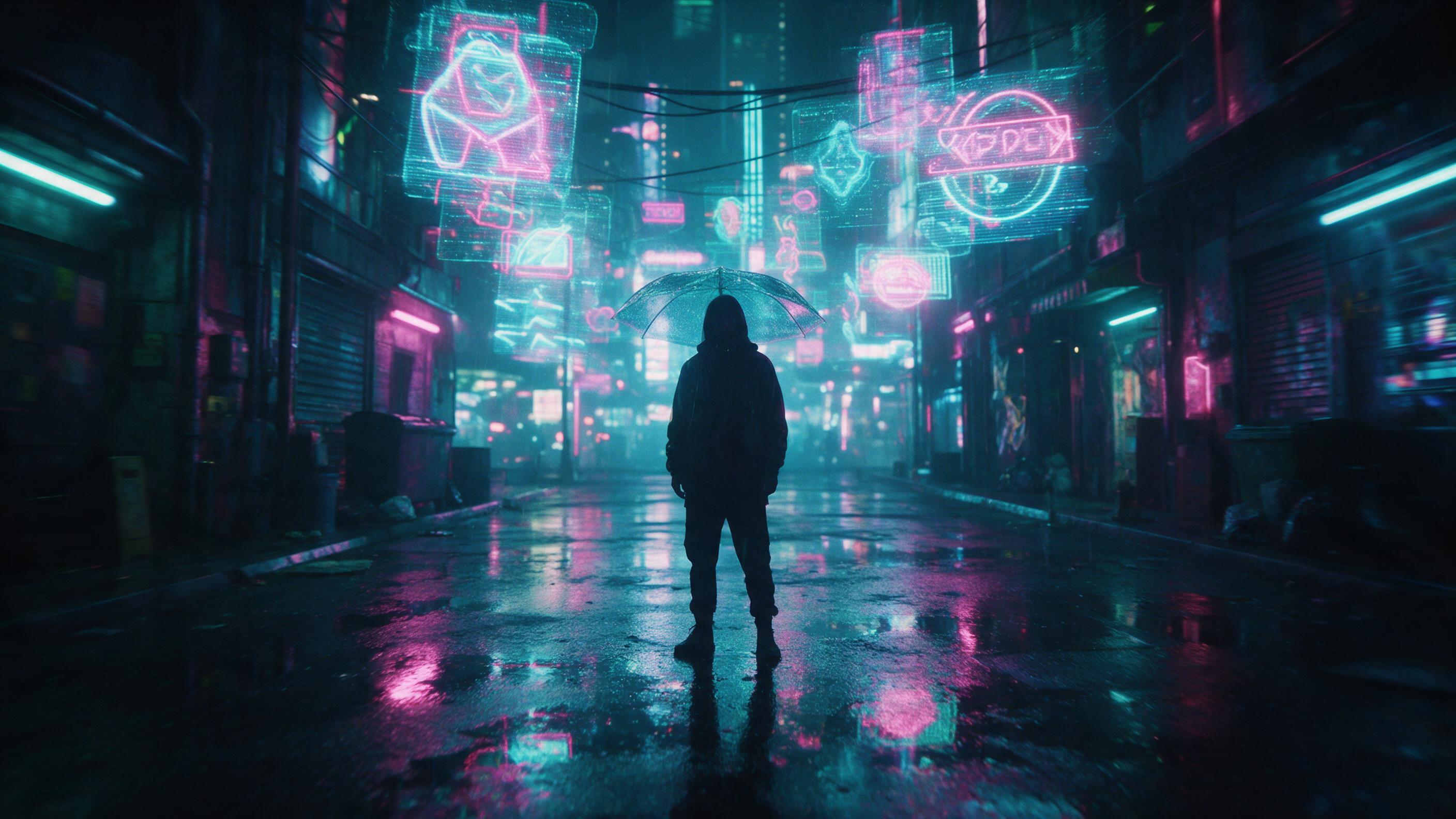 A lone figure stands in a rain-soaked neon alley, holographic signs flickering above, reflections on wet asphalt, cyberpunk city in background, cyan and magenta tones, slight camera shake, cinematic lighting
