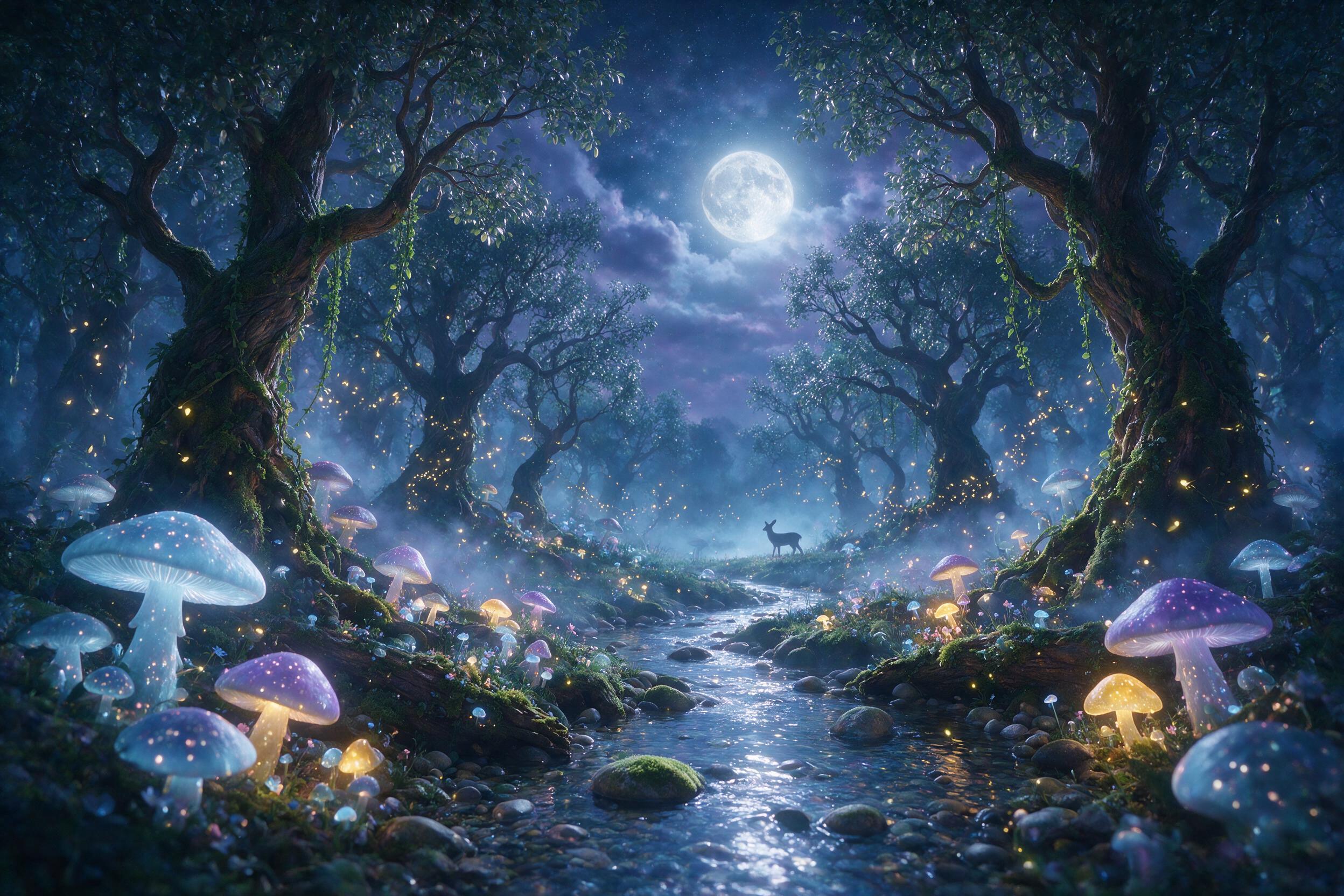 A moonlit enchanted forest with giant glowing mushrooms, silver streams winding between mossy stones, fireflies tracing spirals in the air, soft blue and violet mist, ancient twisted trees, ethereal atmosphere, wide-angle composition with a small deer silhouette in the distance, gentle rim lighting 