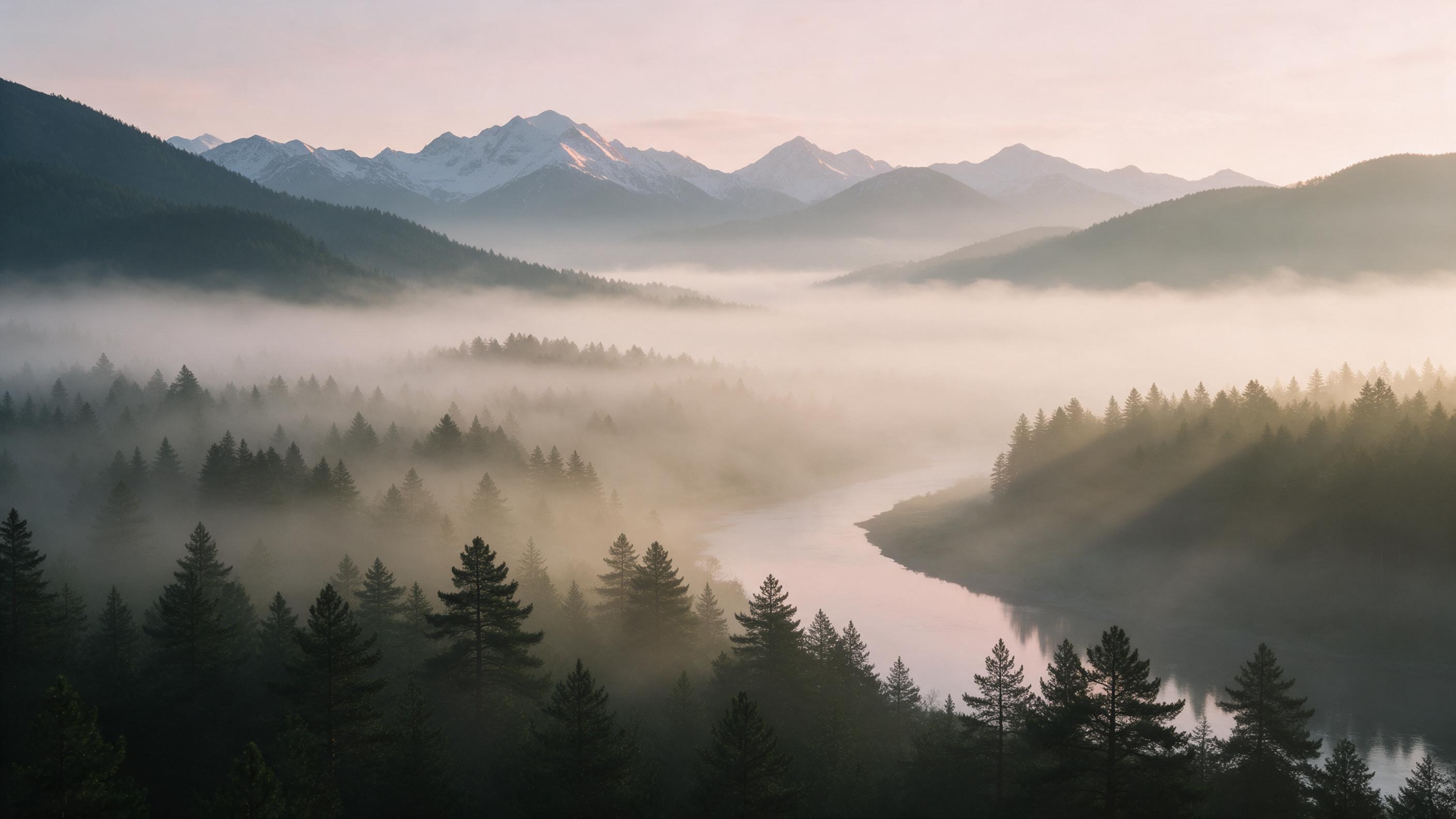 A misty alpine valley at dawn, layers of pine forest fading into a sea of soft golden fog, a silent winding river reflecting the pale pink sky, distant snow-capped peaks catching first light, gentle light rays piercing through, quiet and untouched, wide landscape composition with strong atmospheric 
