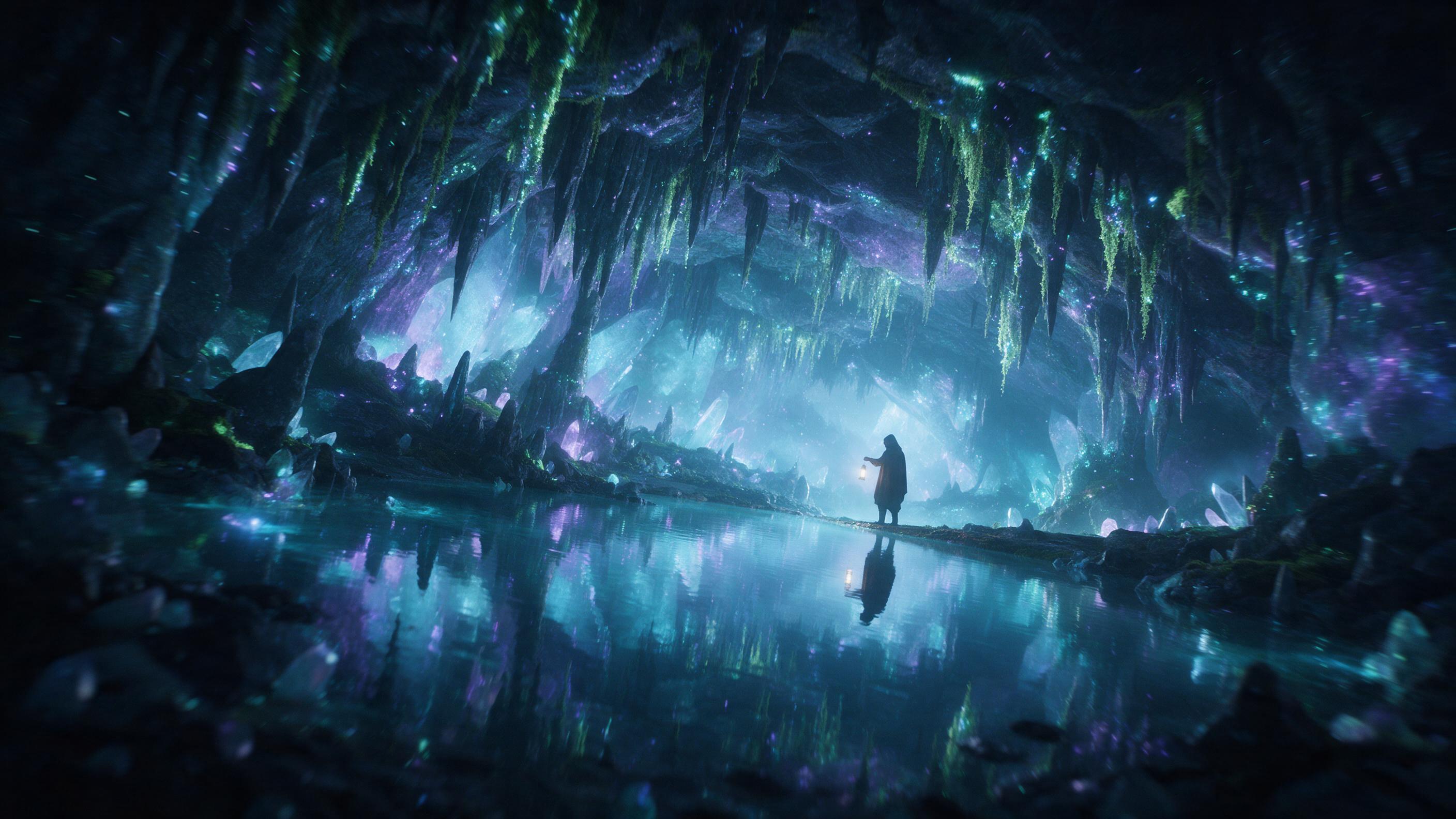 A glowing crystal cavern deep underground, bioluminescent moss dripping from jagged stalactites, a lone hooded figure with a lantern standing at the edge of a subterranean lake, reflective mirror-like surface, soft cyan and purple light, mysterious atmosphere, cinematic composition, slight camera sh