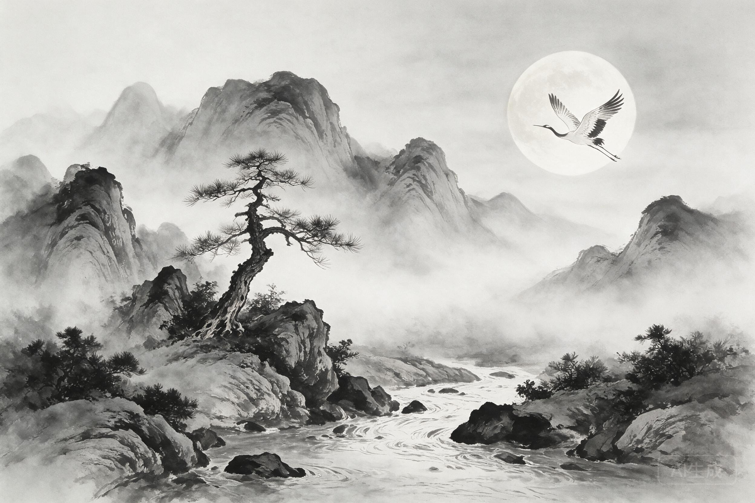Traditional ink wash painting style, misty mountains with solitary pine, crane flying across the moon, monochrome