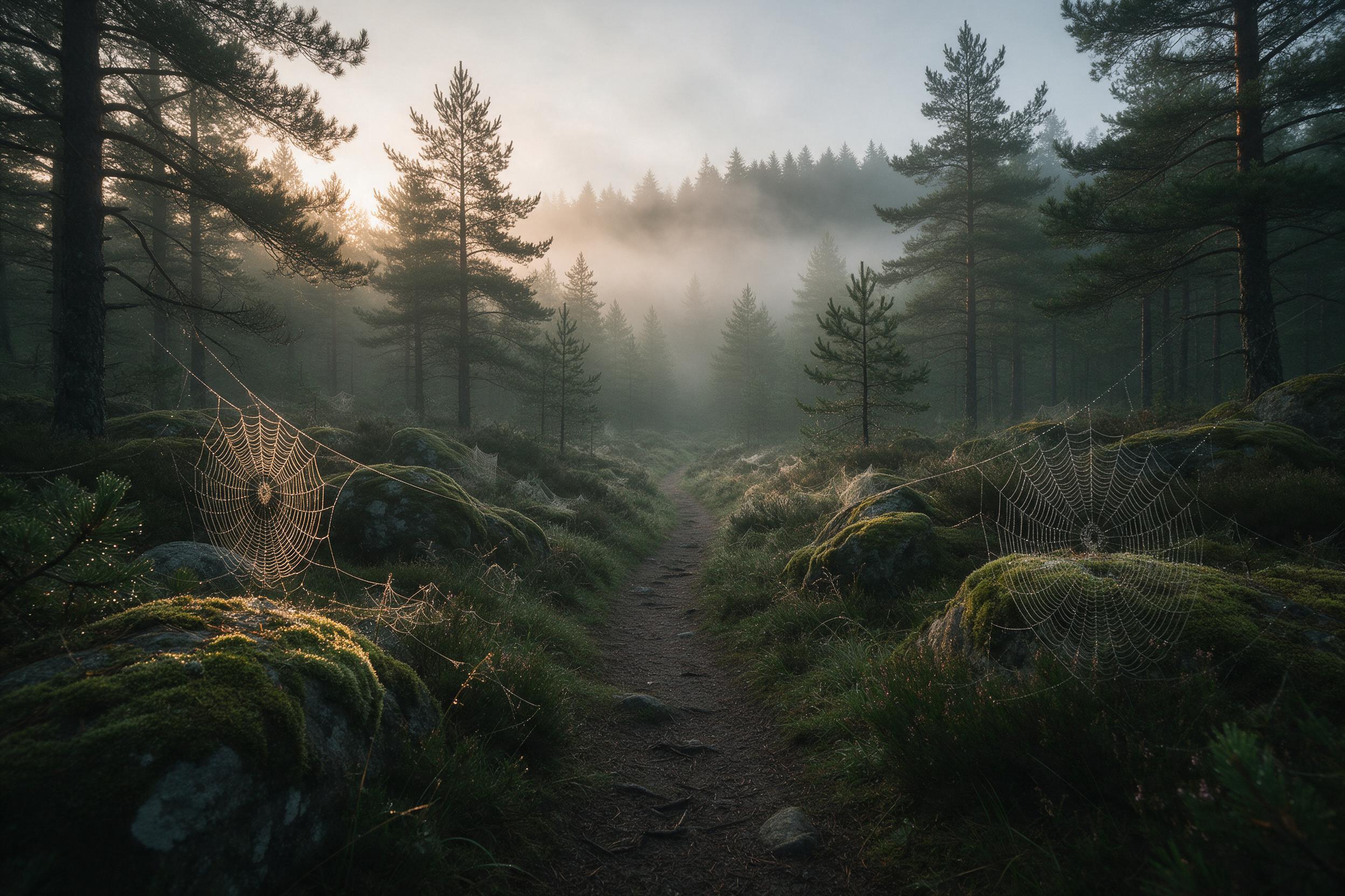 Fog rolling over a dense pine forest at dawn, dew drops on spiderwebs catching the first golden light, a narrow dirt path winding between moss-covered rocks, soft misty atmosphere, muted greens and warm amber highlights, gentle perspective looking down the trail, peaceful solitude, no people