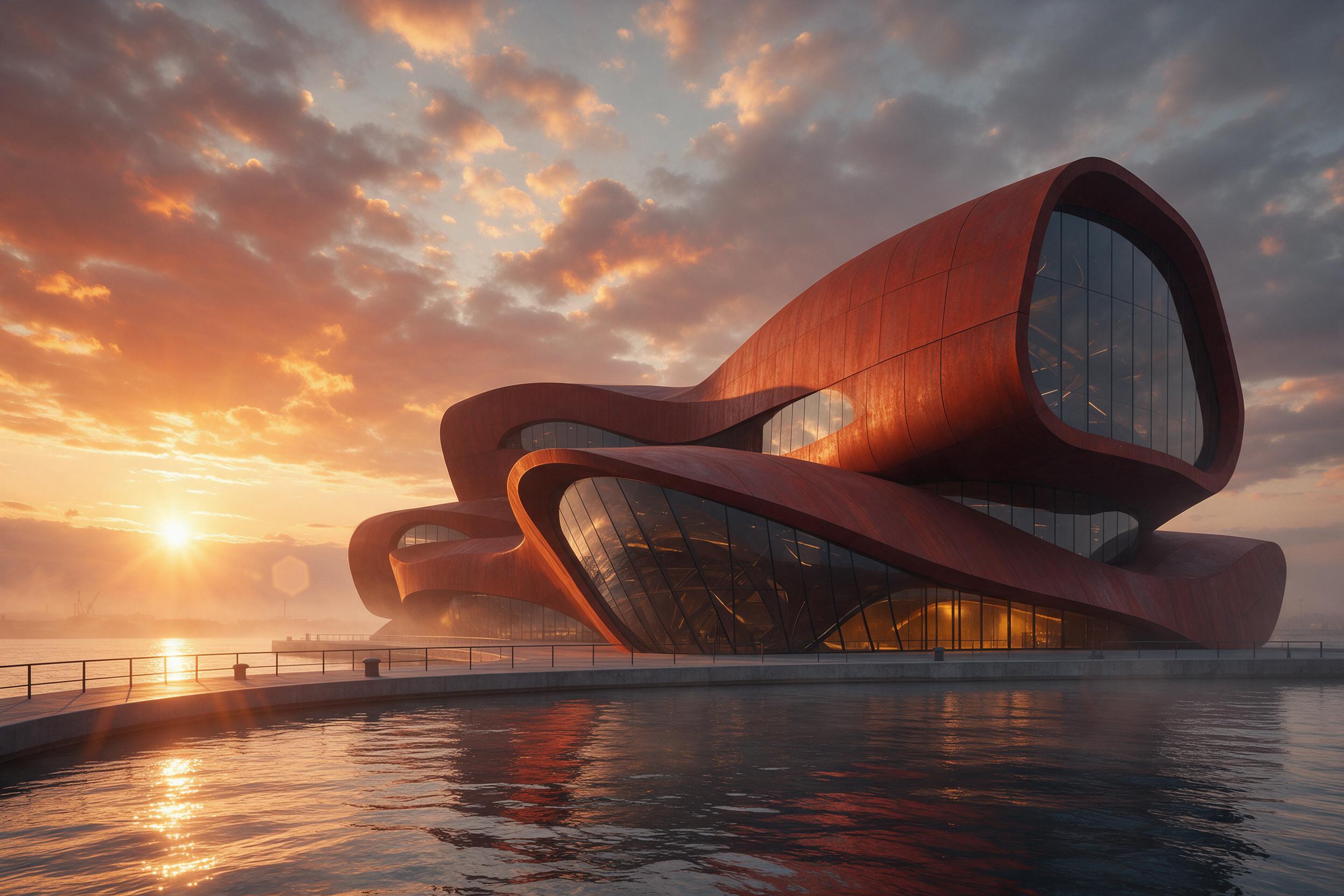 Futuristic organic building with sweeping curves, red weathered steel and glass facade, harbor foreground, dramatic sunset casting long shadows, low angle view, subtle mist, lens flare from sun, no people, clean lines