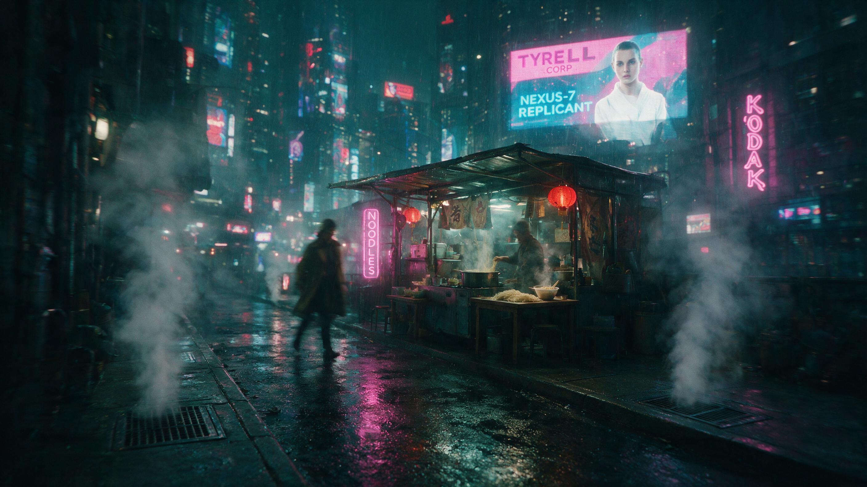 Neon-lit cyberpunk alley at midnight, rain-soaked asphalt reflecting holographic advertisements, a lone figure in a trench coat walks past a flickering noodle stall, steam rising from vents, shallow depth of field with slight motion blur, muted teal and magenta tones