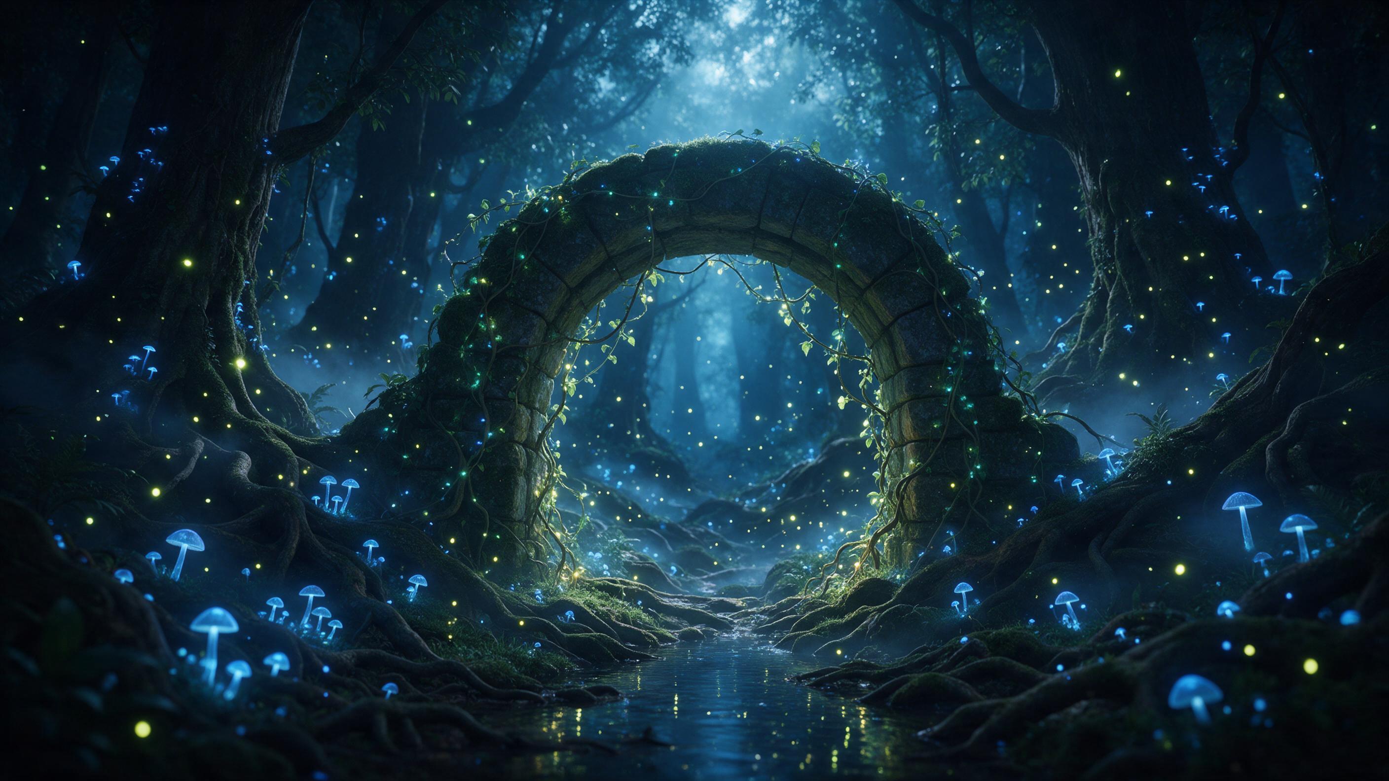 An ancient forest where bioluminescent mushrooms cast a soft blue glow, a moss-covered stone archway entwined with glowing vines, fireflies drift like living stars, mist weaving between gnarled roots, ethereal moonlight filtering through the canopy above, a quiet brook reflecting the shimmer, compos