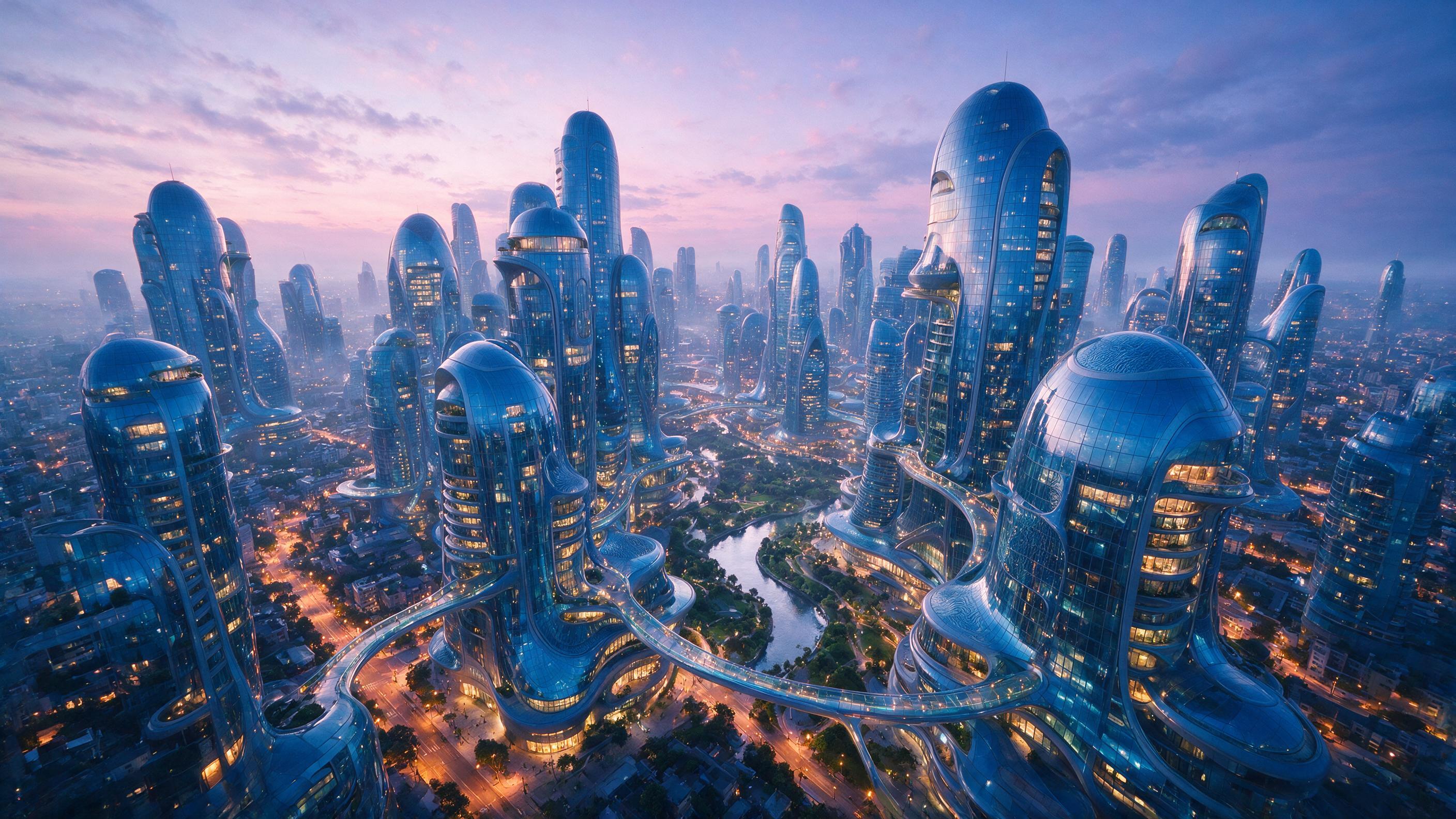 Aerial view of a futuristic city at twilight, glowing blue glass towers with curved organic shapes, winding elevated walkways connecting buildings, warm amber streetlights below, soft pink and purple sky, misty atmosphere, slight camera distortion, Leica style