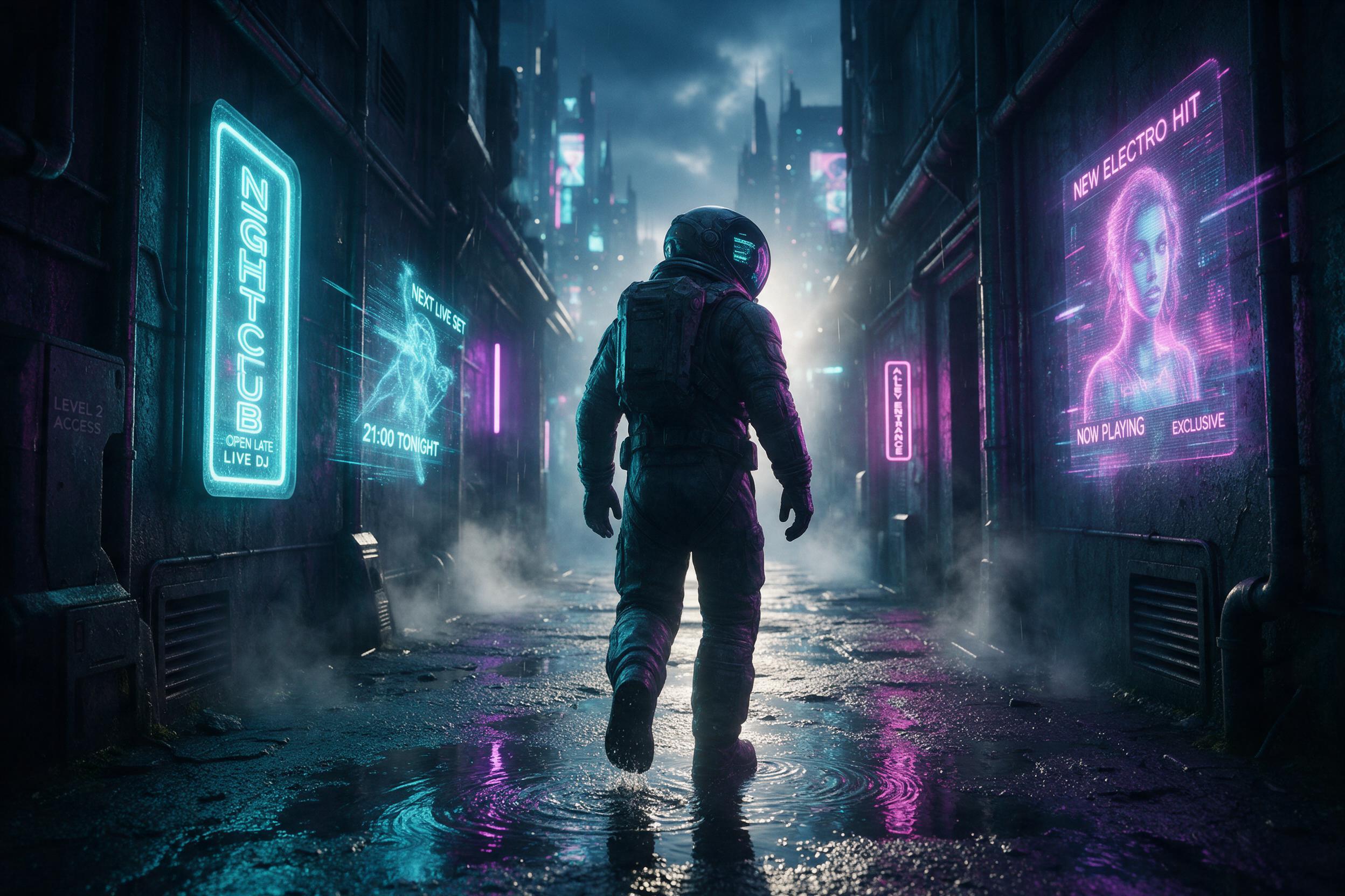 A lone astronaut walking through a rain-soaked neon-lit alley on a distant colony, holographic advertisements flickering on wet concrete walls, mist rising from vents, dramatic backlighting with cyan and magenta tones, reflective puddles showing distorted city lights, cinematic composition, subtle l