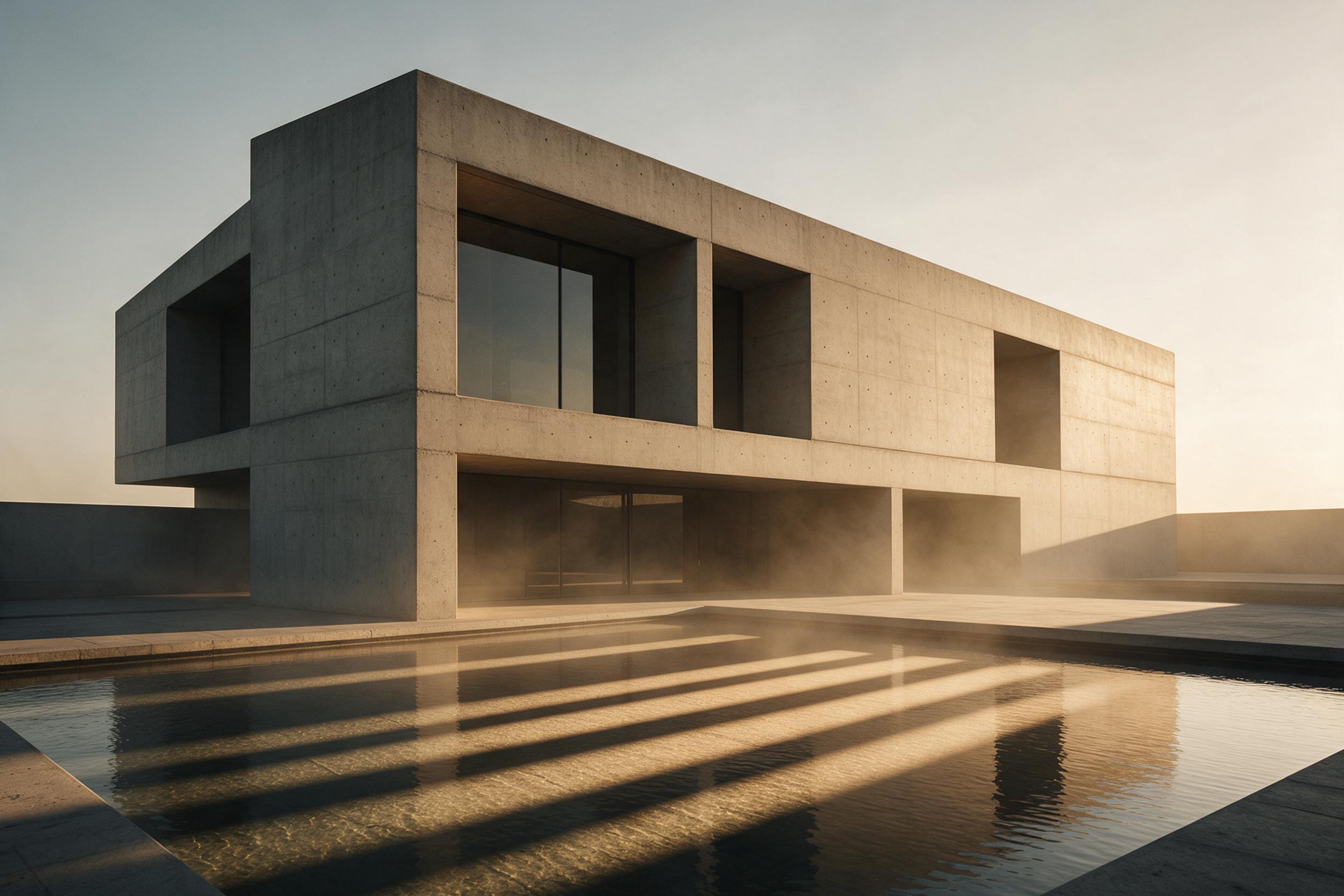 A brutalist concrete building at golden hour, long shadows across a reflecting pool, minimalist composition with geometric facade, subtle haze in air, warm amber light against cool grey tones, slight camera tilt for dynamic feel