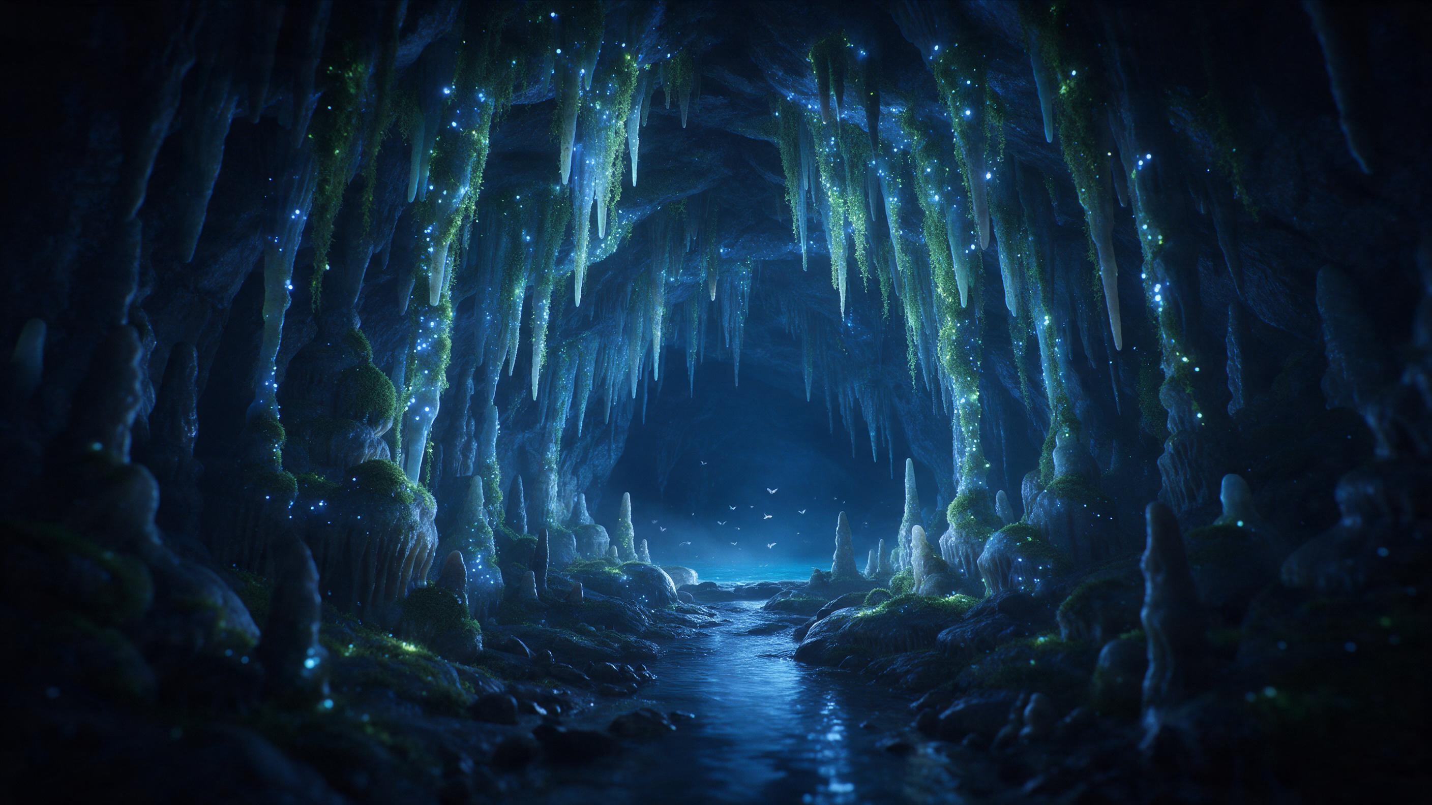 A moonlit crystal cavern where bioluminescent moss drapes over glowing stalactites, a narrow stream reflects soft blue light, tiny ethereal moths flutter near a hidden underground lake, misty air, dreamlike stillness, wide-angle composition emphasizing depth
