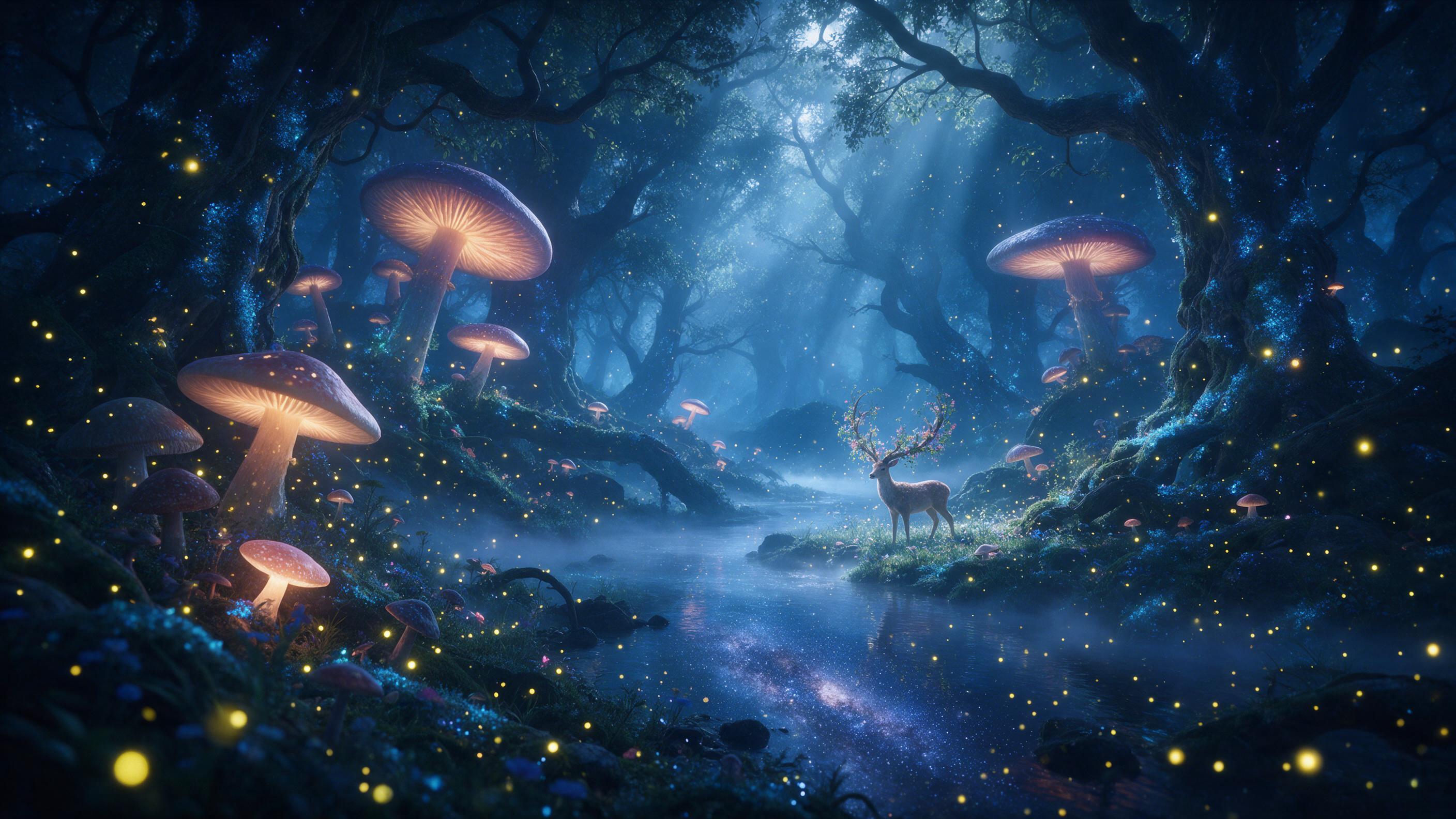 A moonlit enchanted forest with giant glowing mushrooms, fireflies drifting like golden dust, a misty river reflecting the Milky Way, ancient twisted trees with luminous blue moss, soft ethereal light rays piercing the canopy, a serene deer with antlers entwined in wildflowers standing by the water,