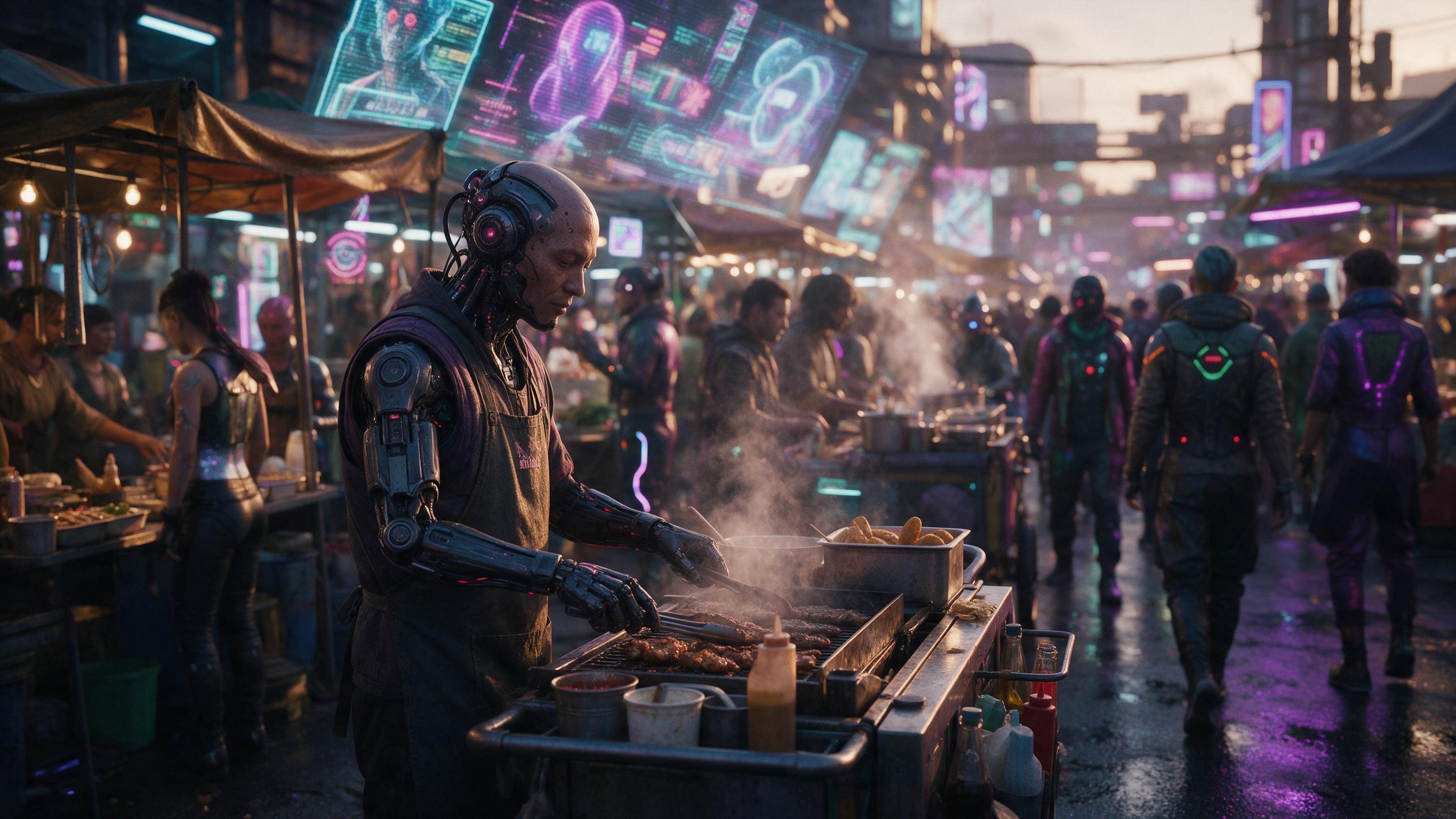 A bustling neon-lit cyberpunk street market at dusk, holographic advertisements flicker above crowded stalls, rain-slicked asphalt reflecting vibrant purple and cyan lights, diverse crowd in futuristic attire, steam rising from food carts, shallow depth of field focusing on a cybernetic vendor, warm