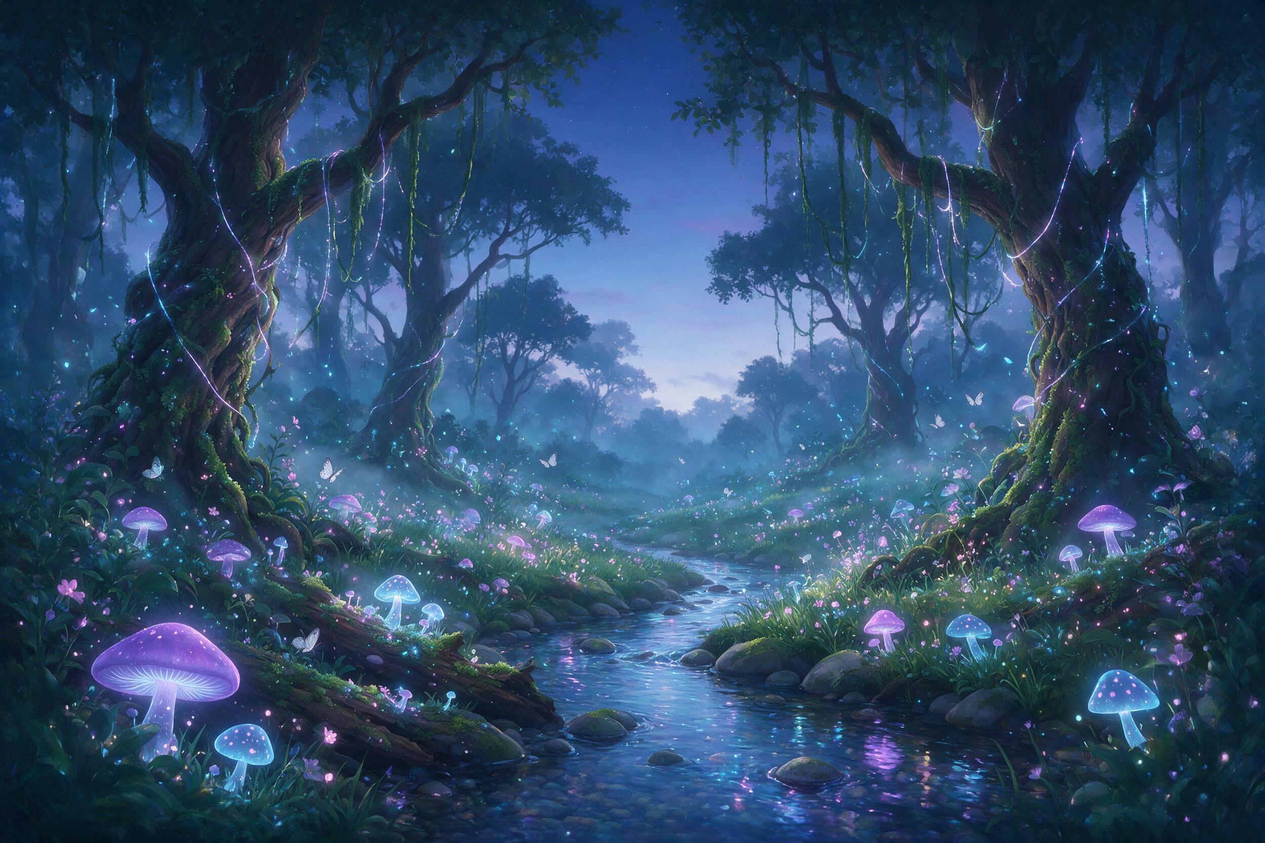 A luminous enchanted forest at twilight, bioluminescent mushrooms glowing in soft purple and blue hues, ancient twisted trees draped in mist, a small crystal-clear stream reflecting the magical light, soft fog diffusing the scene, painted in a storybook illustration style