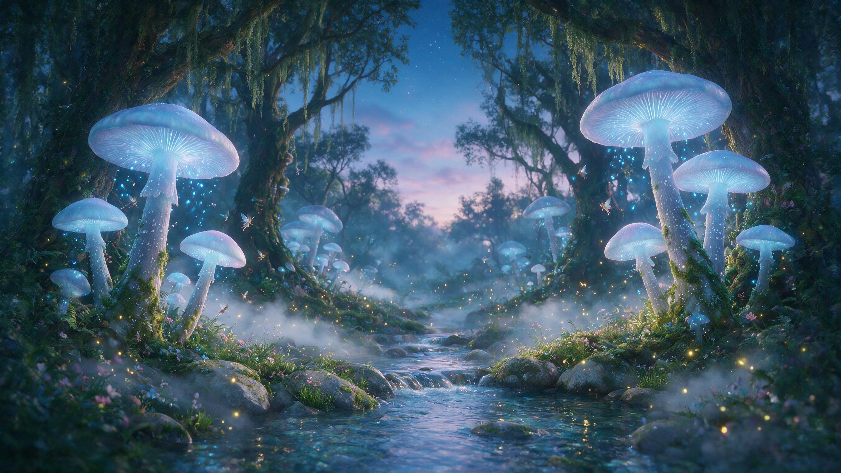 Enchanted forest at twilight, giant glowing mushrooms with bioluminescent blue spores, tiny winged fairies flitting between ancient mossy trees, soft mist rolling over a crystal-clear stream, golden fireflies dotting the air, gentle ambient light, dreamy atmosphere, shallow depth of field, slight fi