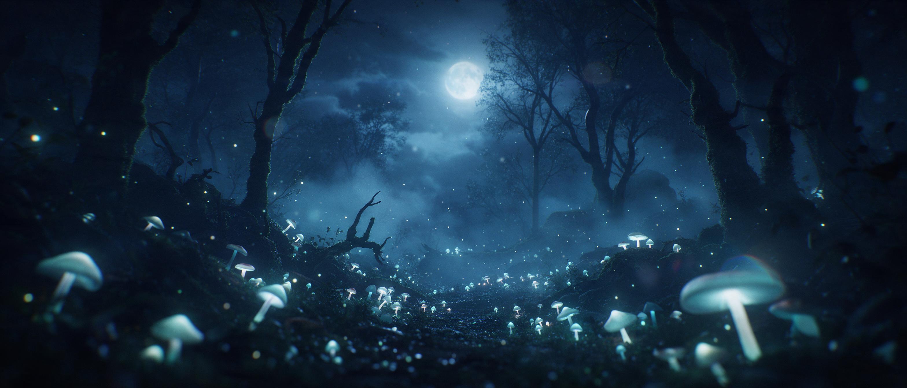 A moonlit night in an ancient forest, scattered glowing mushrooms along a winding path, drifting mist with tiny floating lights, silhouettes of mossy trees, deep blues and teals, soft ethereal glow, lens flare, low angle view, cinematic composition.