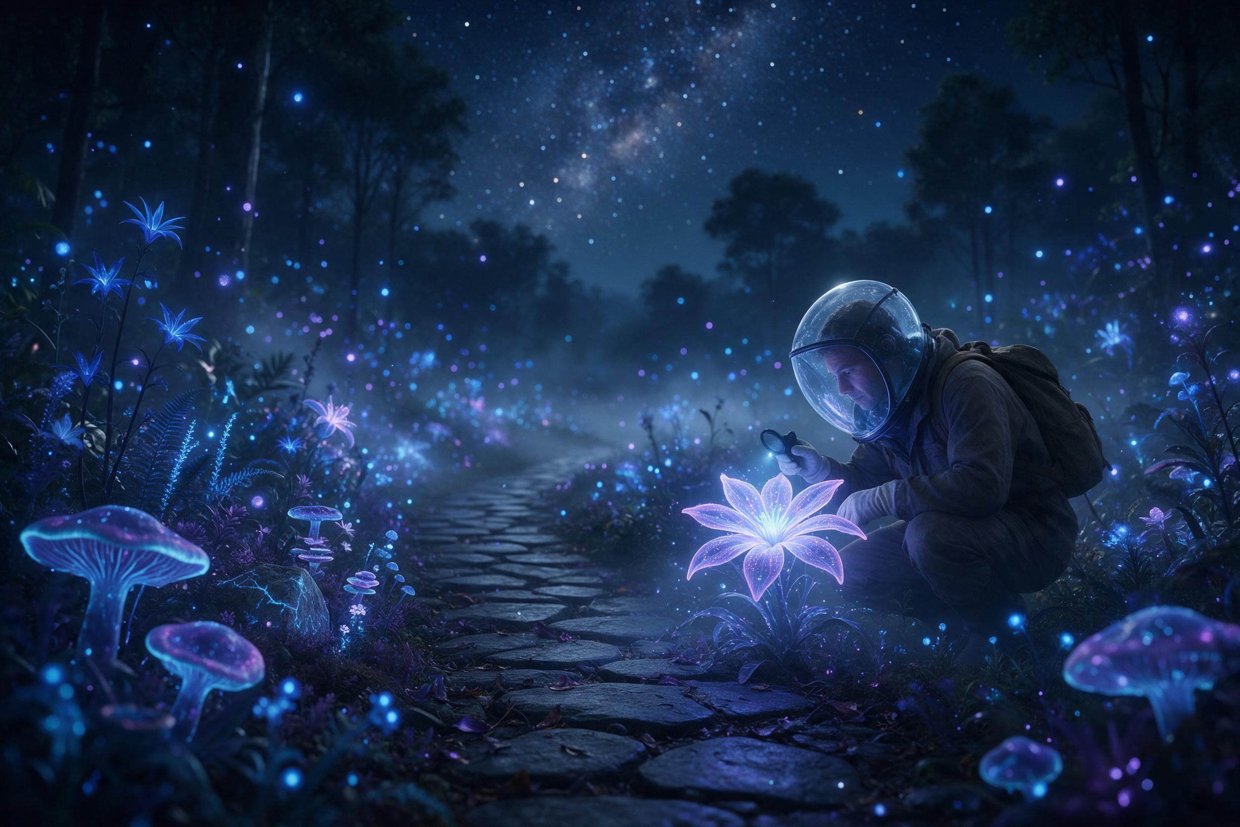 A bioluminescent garden at night, glowing blue and purple flora, floating spores illuminating a winding path, silhouette of a scientist in a transparent hood examining a luminous flower, soft mist, starry sky, shallow depth of field, serene and mysterious atmosphere.