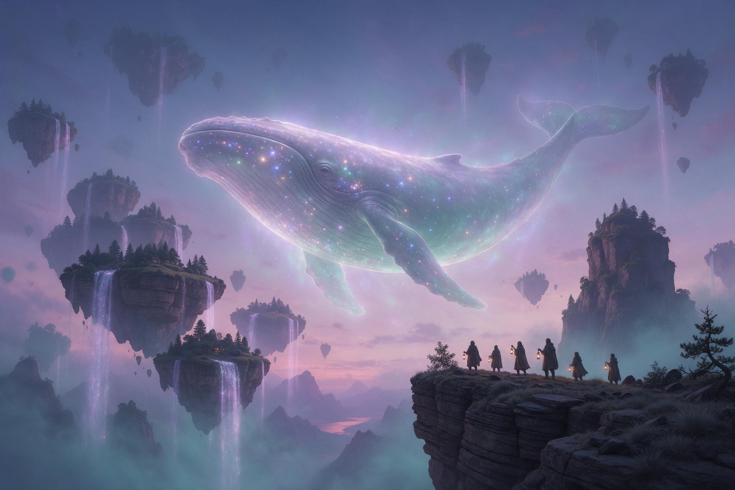 A colossal glowing whale swims through a twilight sky filled with floating islands and waterfalls of light, tiny humans with lanterns stand on a cliff edge, misty atmosphere, soft purple and teal palette, wide-angle composition, ethereal glow.