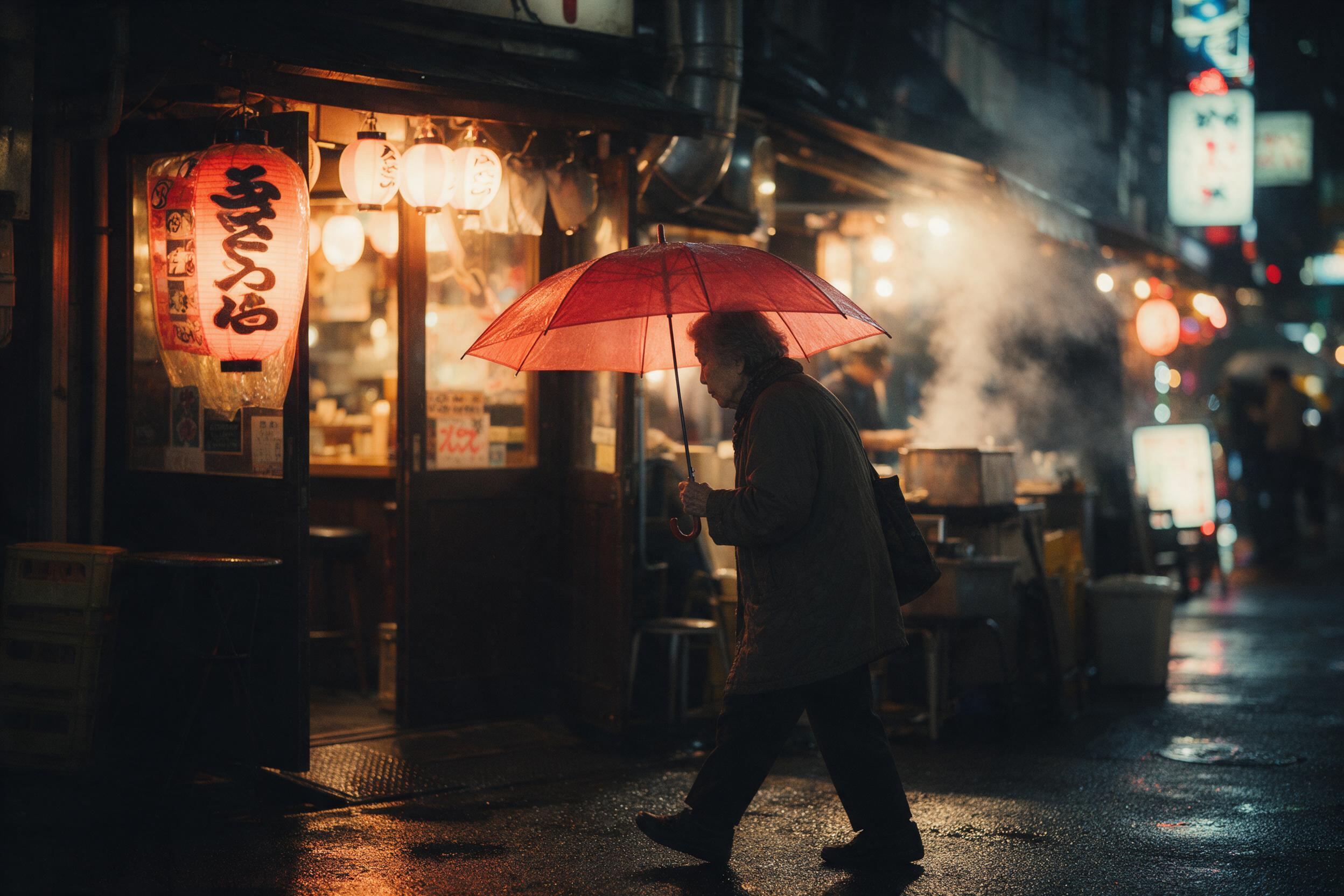 A rainy evening on a narrow Tokyo alley, a lone elderly woman with a translucent red umbrella walking past a glowing izakaya entrance, reflections of neon signs on wet asphalt, steam rising from a food stall, shallow depth of field with bokeh lights, muted tones with warm amber highlights, slight ca
