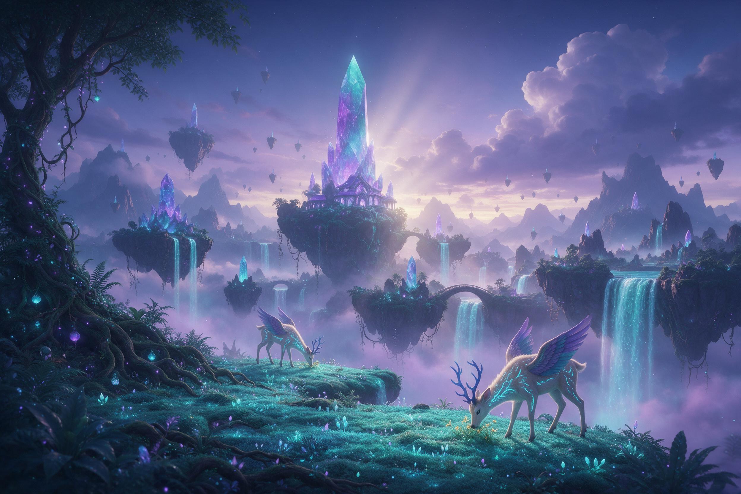 Ethereal floating islands at twilight, bioluminescent waterfalls cascading into mist, glowing crystal spires, winged deer grazing on glowing moss, soft teal and purple palette, volumetric light piercing clouds, detailed foliage, depth of field, dreamy atmosphere