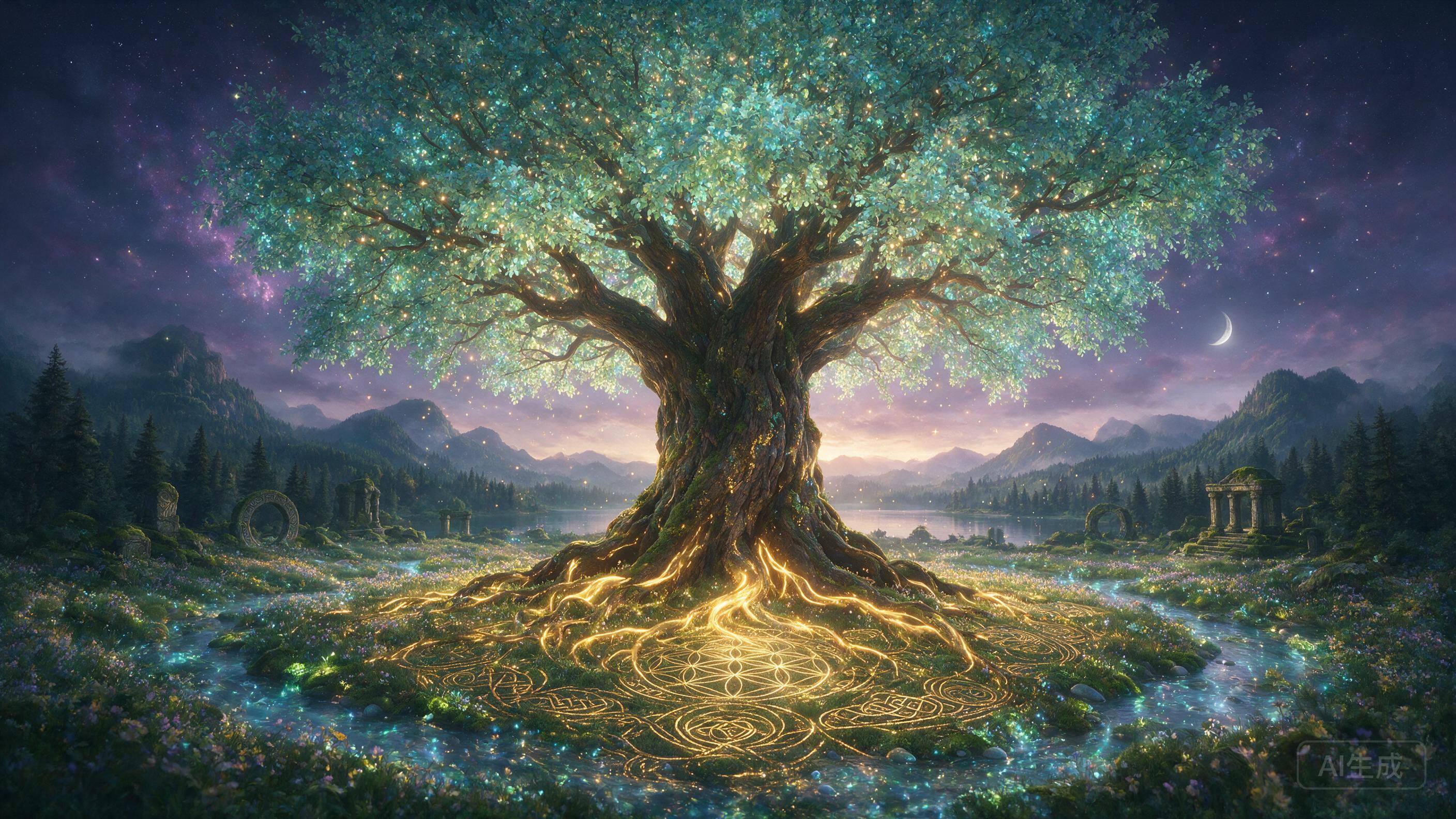 Ancient tree of life with glowing roots extending into geometric patterns, bioluminescent leaves, magical realism