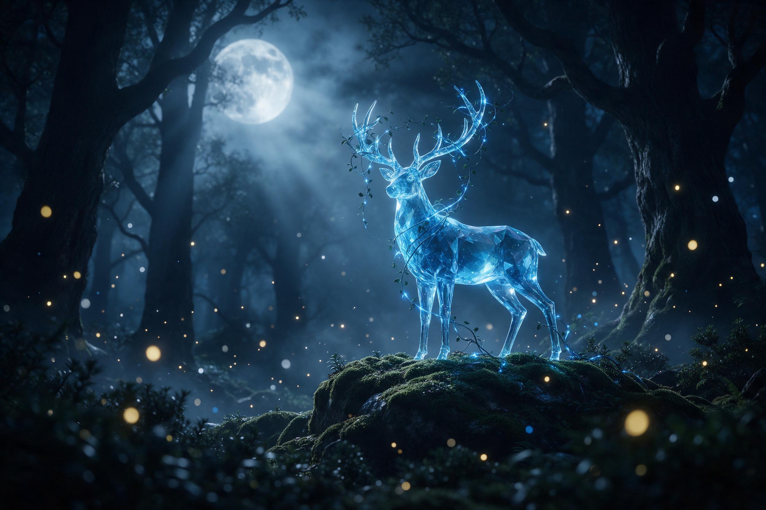 In a misty ancient forest, a glowing blue crystal stag stands on a mossy rock, antlers adorned with luminescent vines. Moonlight pierces through gnarled trees, casting long shadows. Fireflies drift around, soft bokeh. Moody, ethereal atmosphere, shallow depth of field.