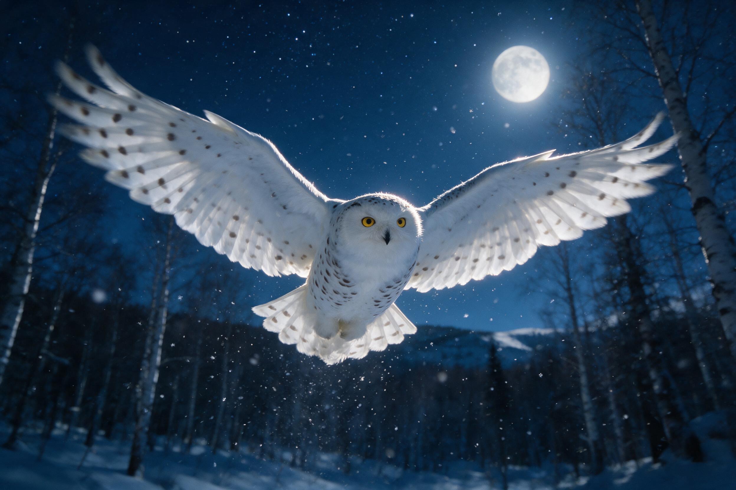 A solitary snowy owl glides low over a moonlit birch forest, wings spread wide, soft snowflakes drifting around its feathers. Low-angle shot, rim light from a pale full moon, deep blue shadows, gentle motion blur in the wings, natural grain.