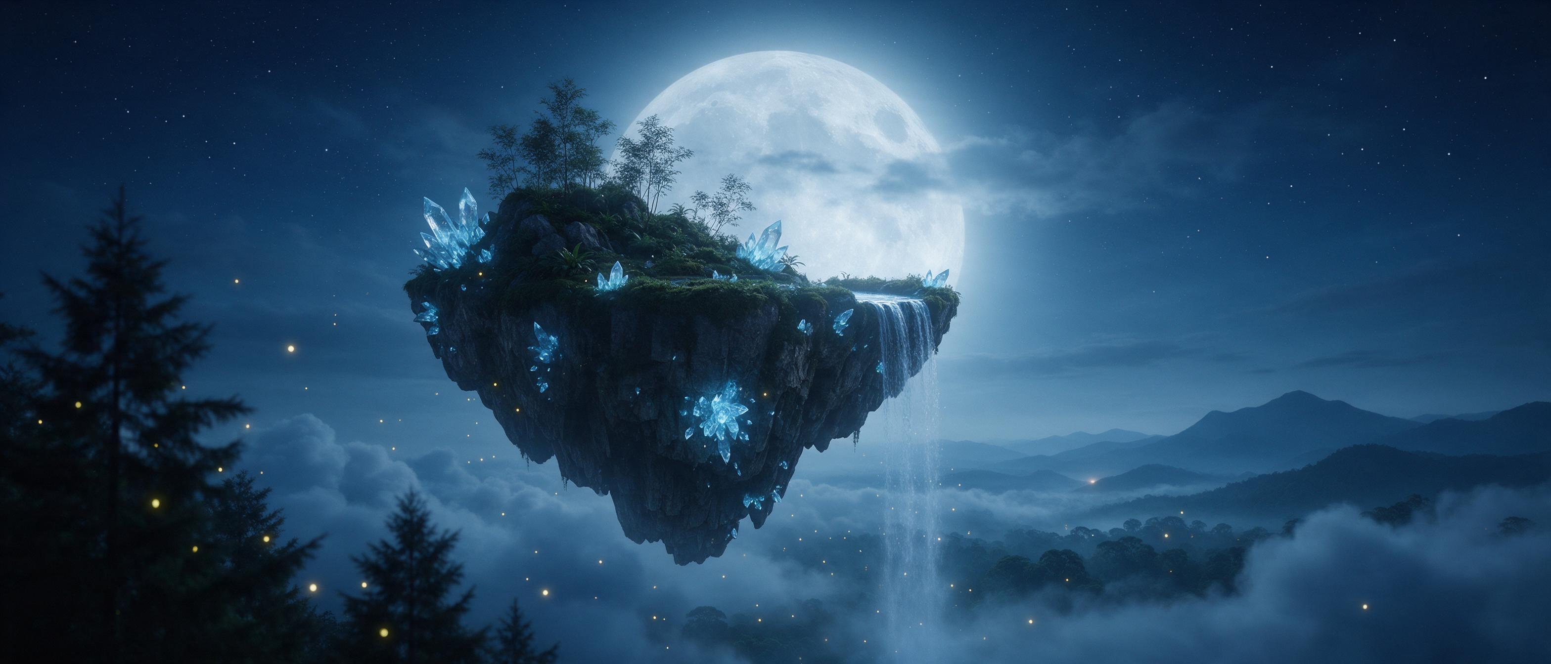 A moonlit floating island above a misty forest, glowing blue crystals embedded in its rocks, a small waterfall cascading into the clouds below, fireflies drifting in the air, soft moonlight behind the island creating a halo effect, ultra-wide angle composition, ethereal and serene atmosphere.