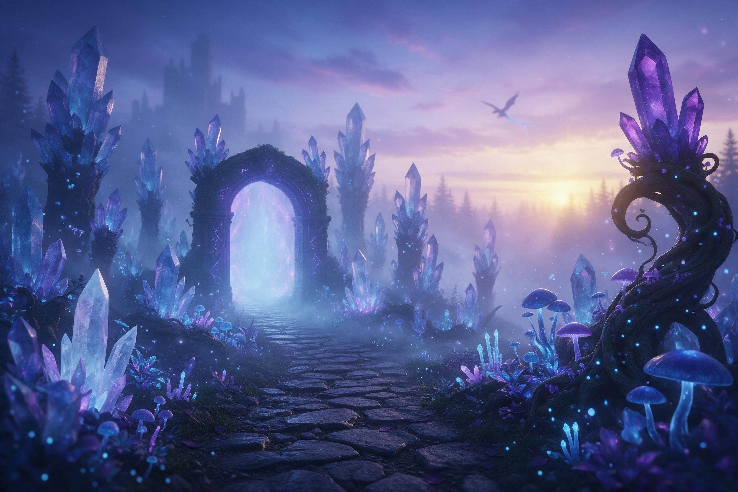 A glowing crystal forest at dusk, bioluminescent flora with floating spores, a winding path leading to an ancient stone archway, soft blue and violet light, misty atmosphere, distant silhouette of a winged creature, dreamlike and ethereal, subtle lens flare.