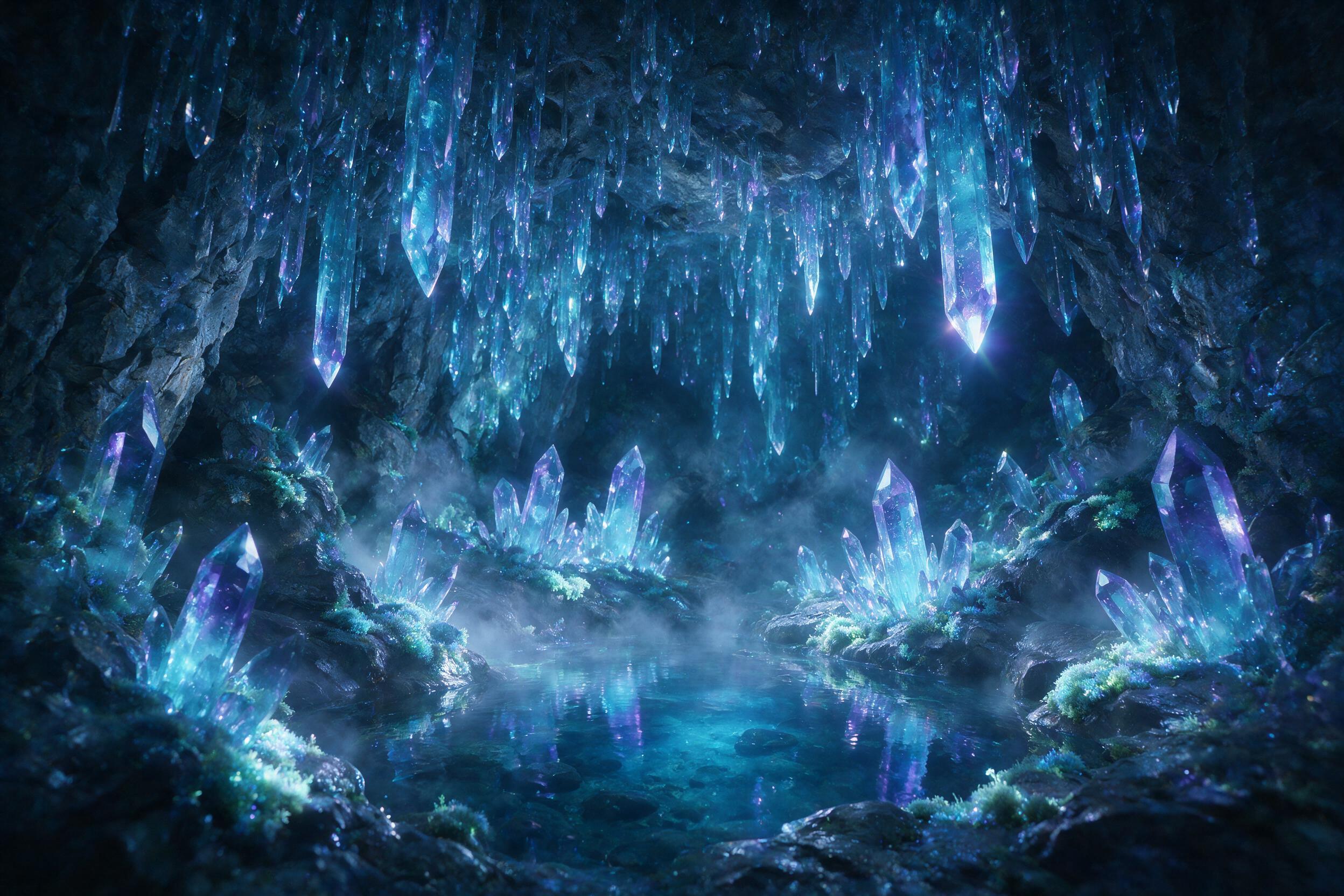 A luminous crystal cave deep underground, glowing blue and purple stalactites, a small pool of clear water reflecting the light, mist rising, soft bioluminescent moss on the rocks, wide-angle composition, cinematic lighting, subtle lens flare.