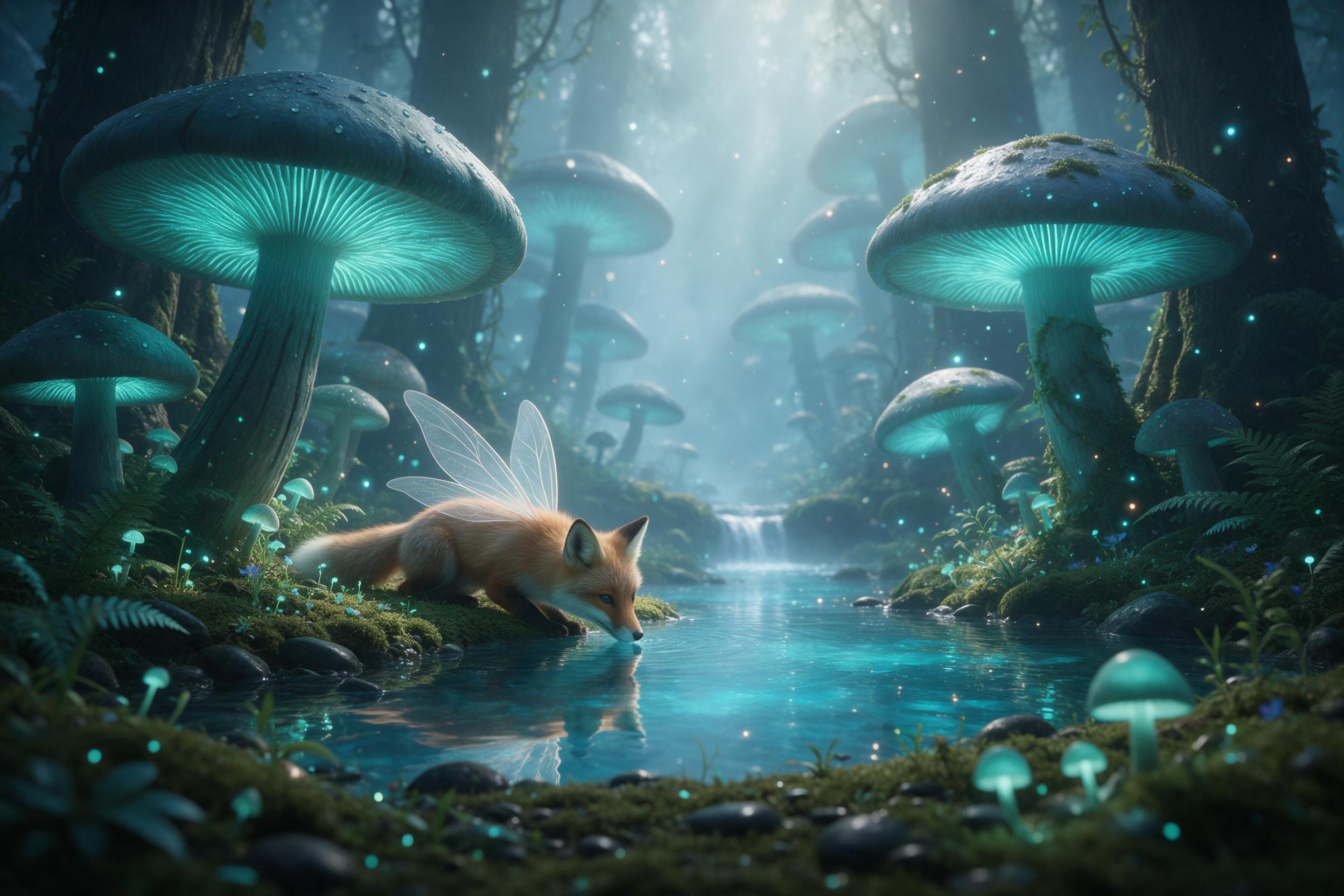 A misty ancient forest where giant glowing mushrooms cast soft teal light on mossy ground, a small fox with translucent wings drinking from a crystal stream, ethereal particles floating, gentle fog, low-angle view, dreamy atmosphere