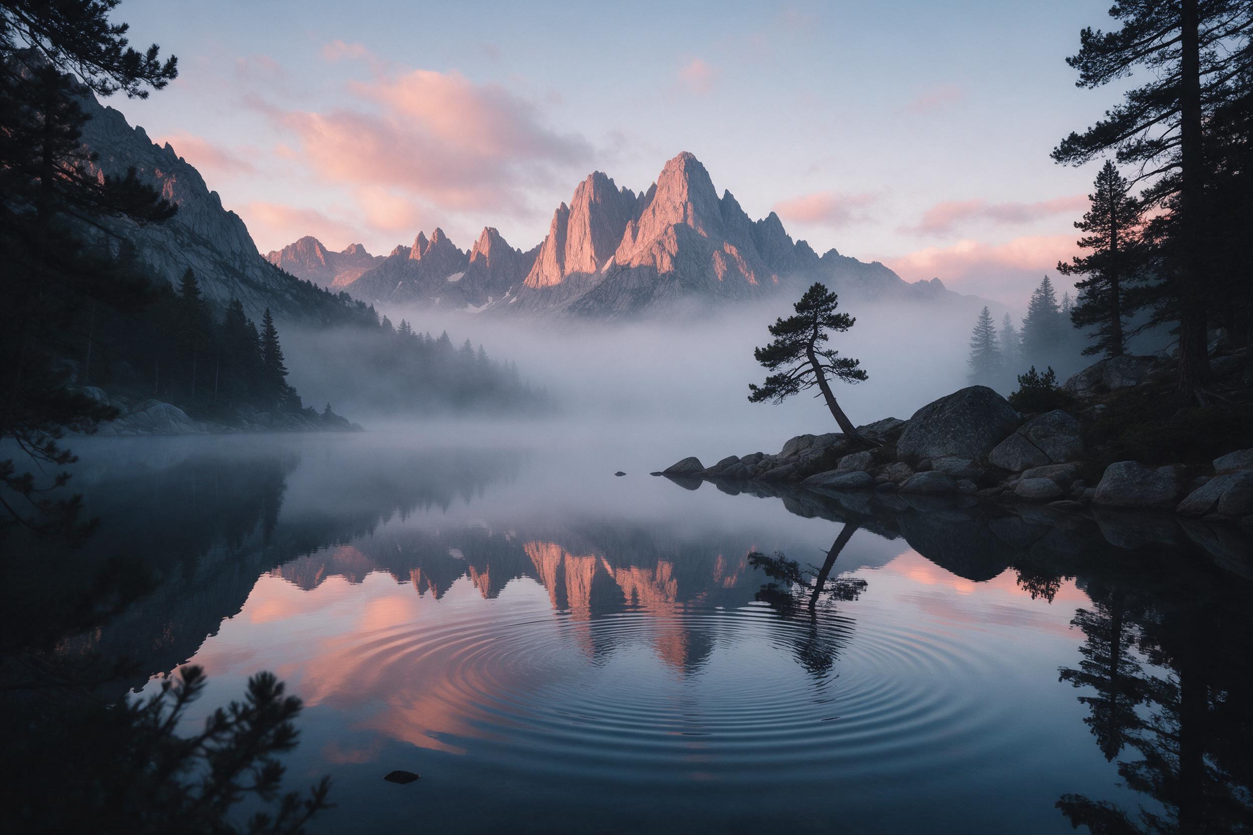 A misty alpine lake at dawn, mirror-calm water reflecting jagged granite peaks, soft pink and orange alpenglow, a lone pine tree leaning on a rocky shore, gentle ripples, cool blue shadows, warm light accents, natural framing by dark silhouetted trees
