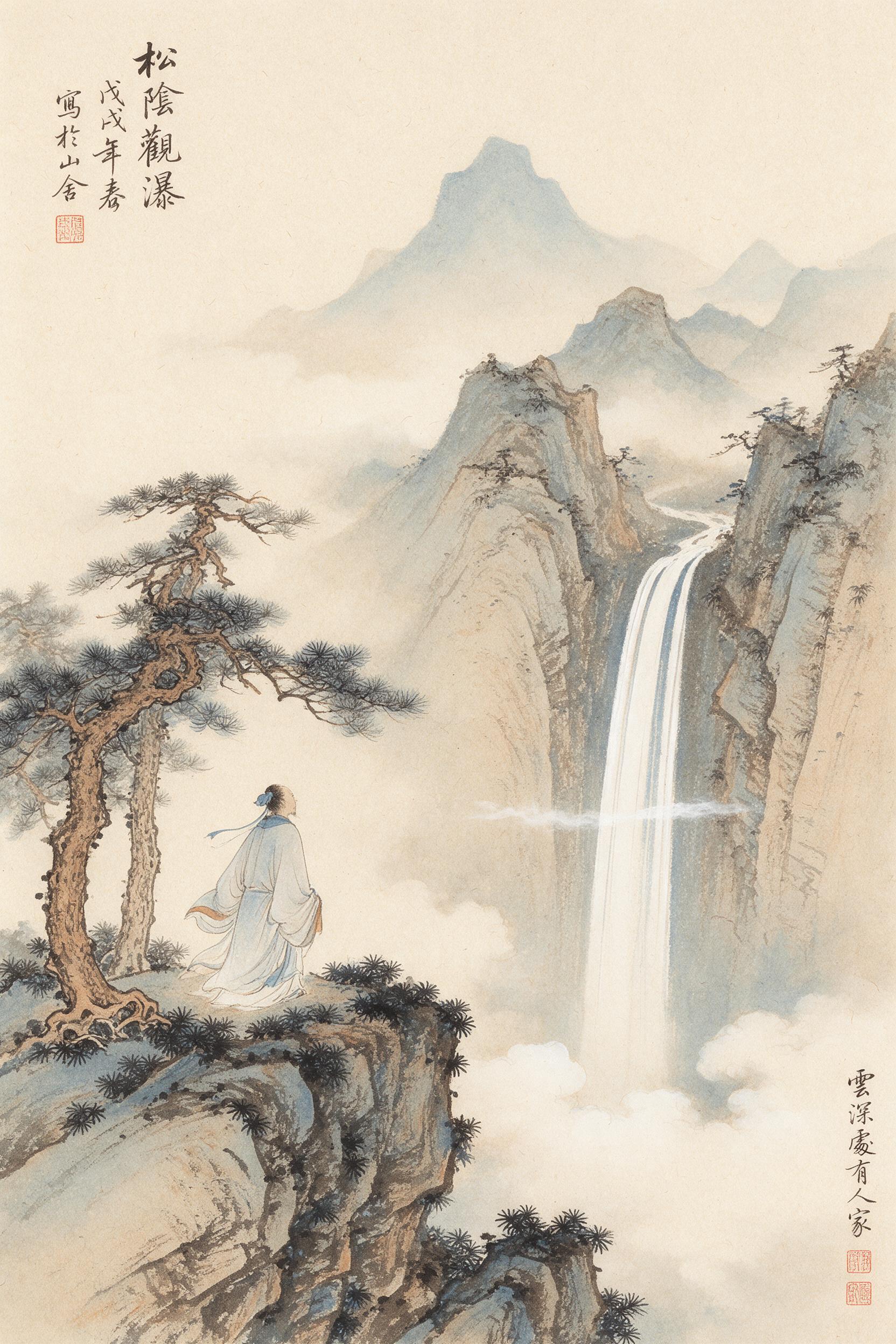 A solitary scholar in flowing hanfu stands on a pine-shaded cliff, gazing at a distant waterfall cascading into misty valleys. Dry brush strokes evoke Song dynasty ink wash, with sparse negative space, pale indigo and sepia tones, muted natural light, and subtle paper grain texture.