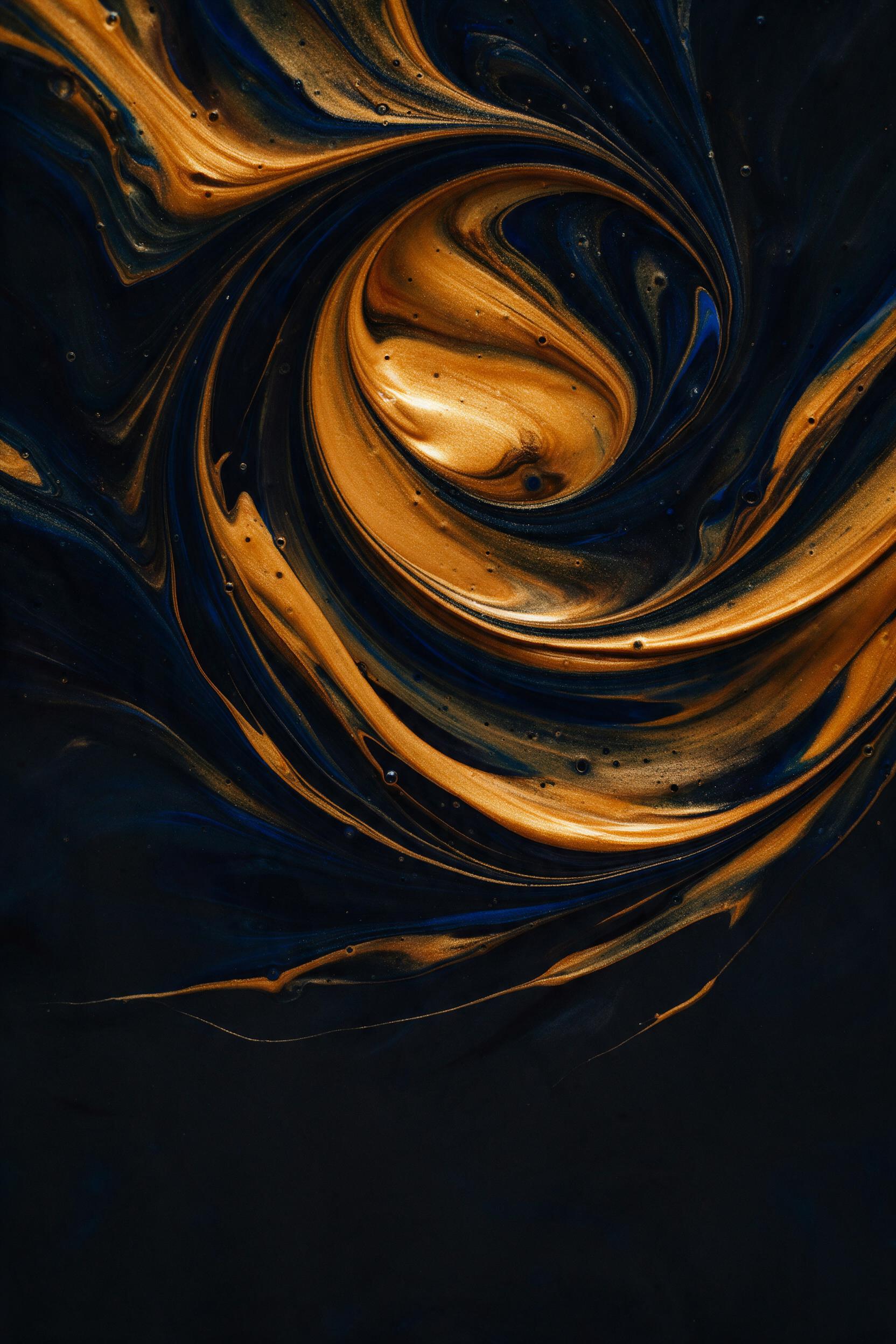 Molten gold and deep indigo fluid acrylics swirling in a dark void, overlapping arcs creating tension, macro lens capturing thick paint texture and glossy highlights, dramatic side lighting casting long shadows, minimalist composition with empty lower third, high contrast chiaroscuro effect, slight 