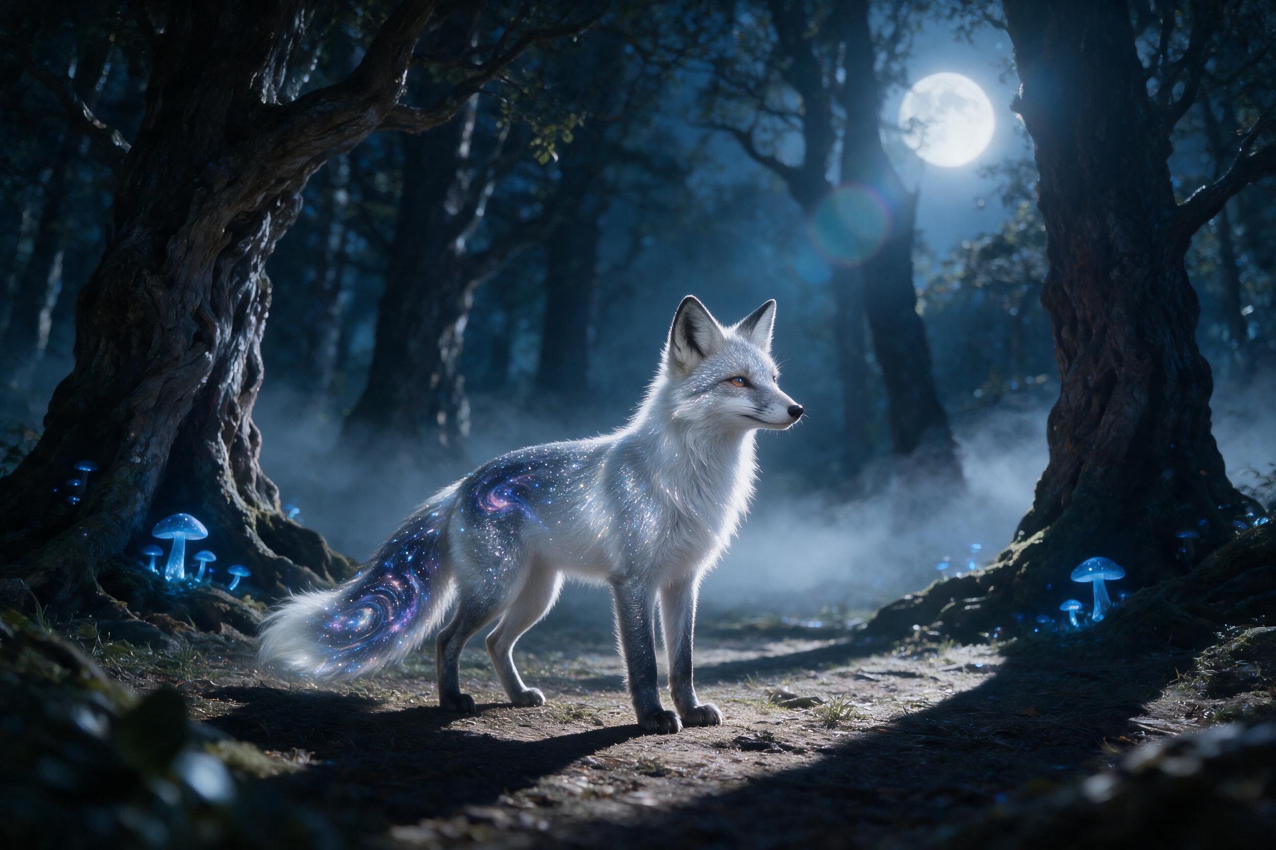 A moonlit forest glade, ancient gnarled trees with glowing blue mushrooms at their roots, a shimmering ethereal fox with silver fur and swirling galaxy patterns in its tail, soft mist weaving between trunks, cool moonlight casting long shadows, shallow depth of field, subtle lens flare