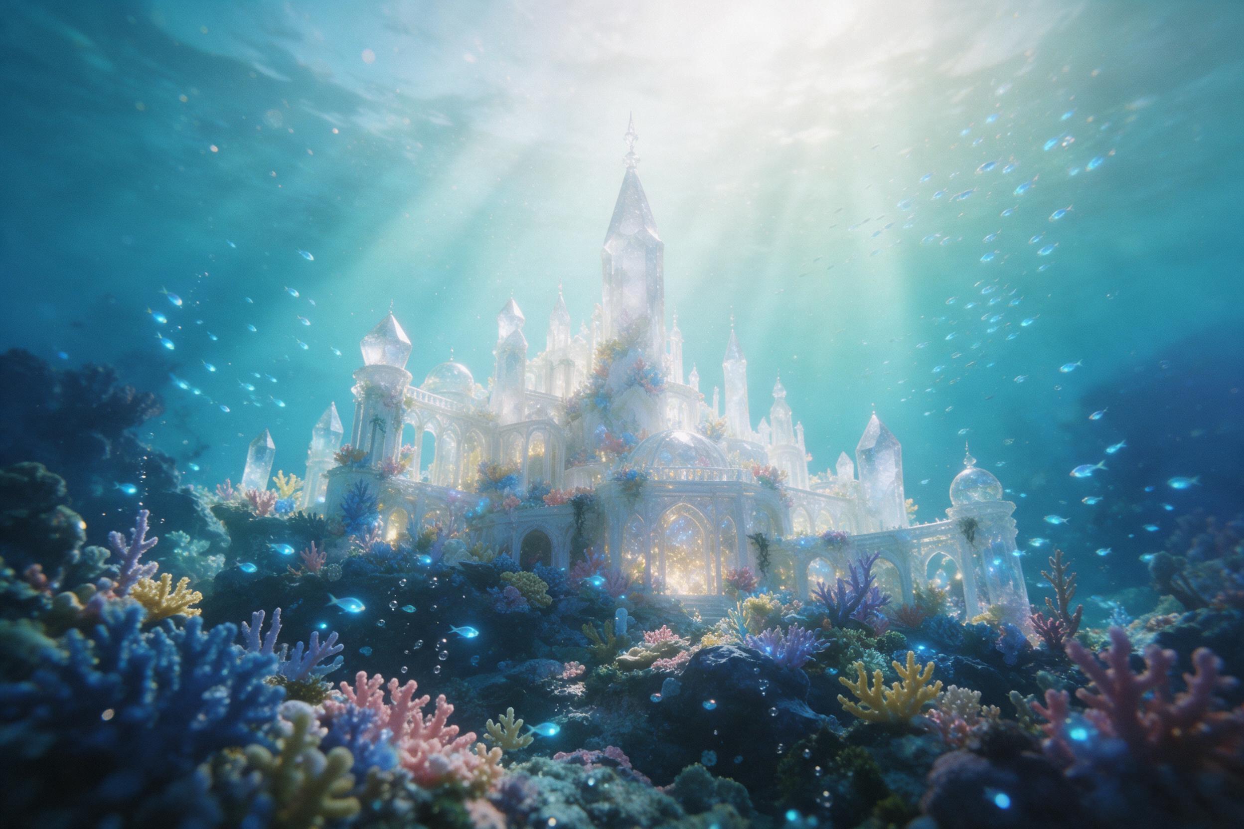 A sunken crystal palace beneath a bioluminescent ocean, glowing spires entwined with coral, ethereal light rays filtering through turquoise water, tiny glowing fish swirling around, dreamy atmosphere, soft focus, subtle grain, low angle perspective, morning light