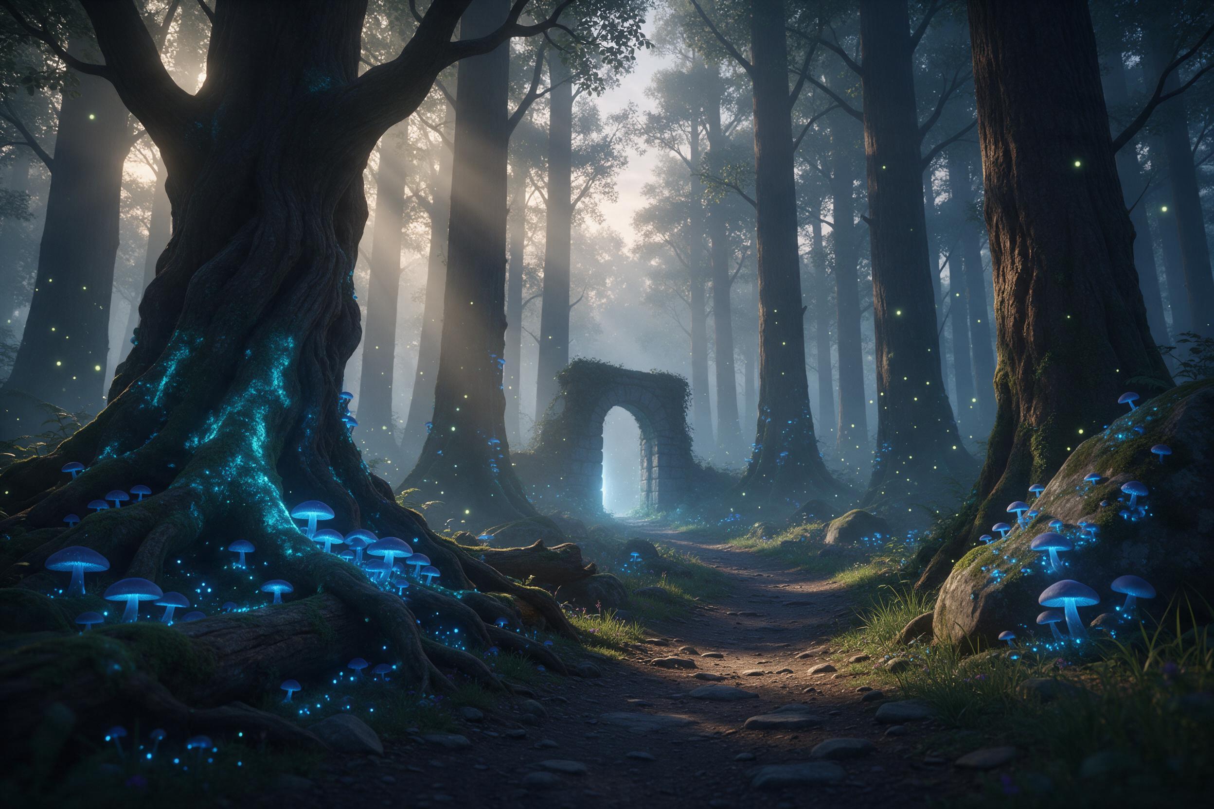 A misty ethereal forest at dawn, ancient towering trees with bioluminescent moss and glowing blue mushrooms, a narrow winding path leading to a faintly glowing stone archway, soft golden sunbeams piercing through the canopy, fireflies drifting in the air, dreamlike atmosphere with subtle volumetric 