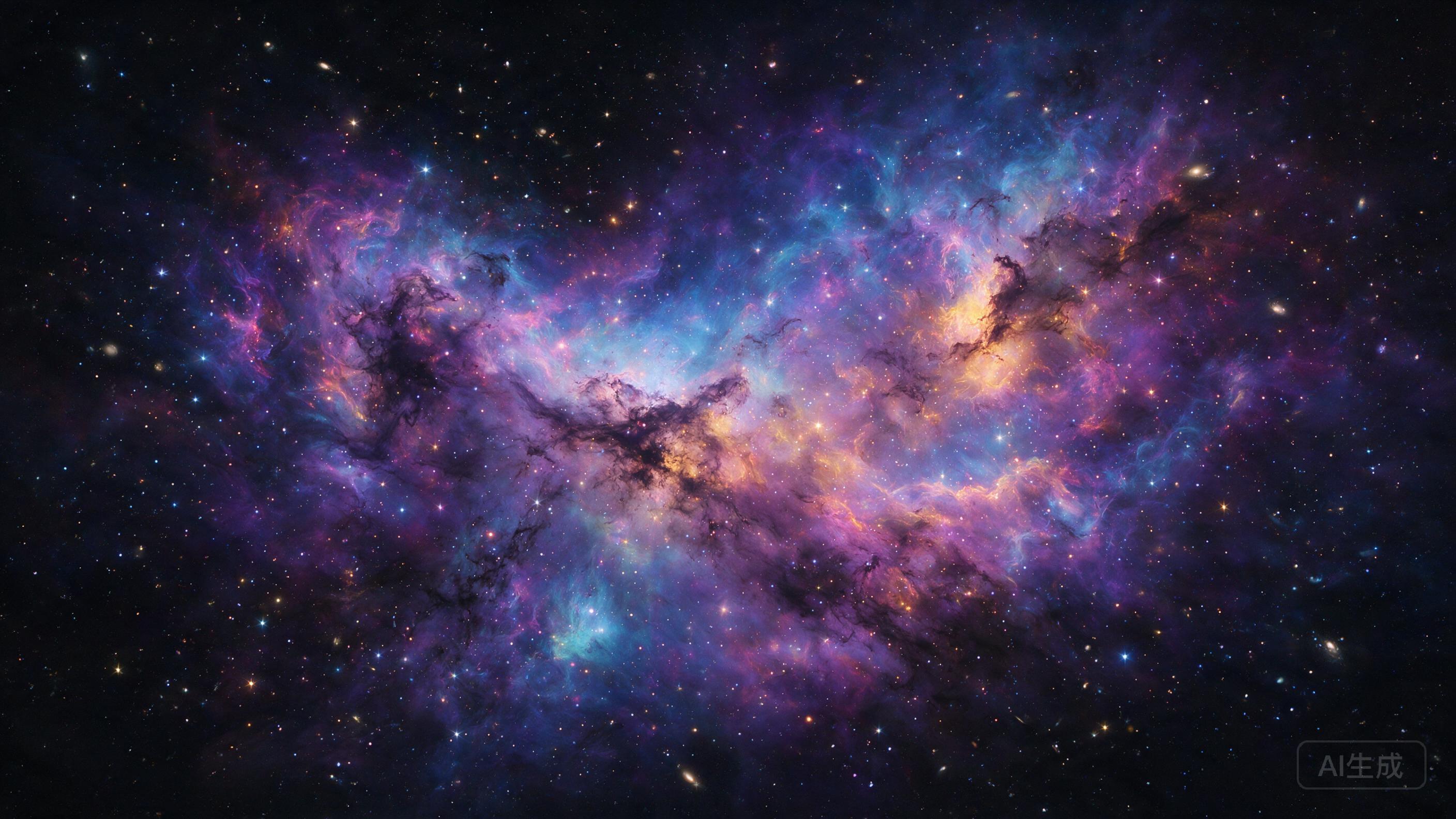 Deep space scene with a colorful nebula, distant galaxies, swirling cosmic dust, stars glittering, serene and vast