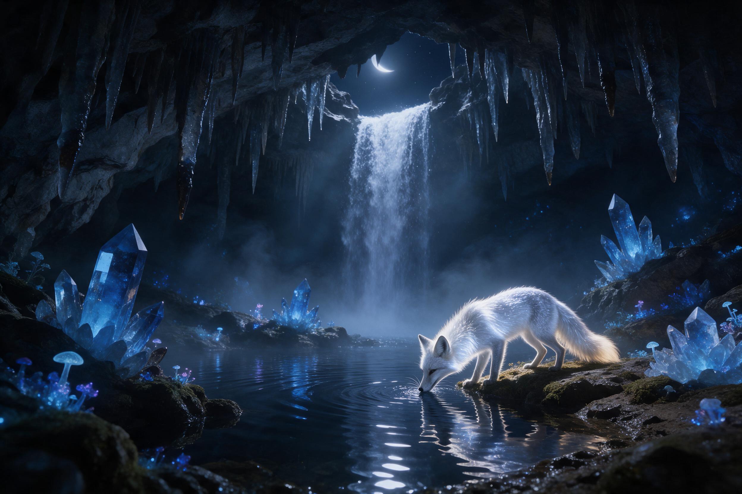 A hidden crystal cavern beneath a moonlit waterfall, glowing blue crystals casting shimmering reflections on a still underground pool, ethereal mist swirling between stalactites, a lone fox with luminous silver fur drinking at the water's edge, soft bioluminescent flora illuminating the scene, cinem
