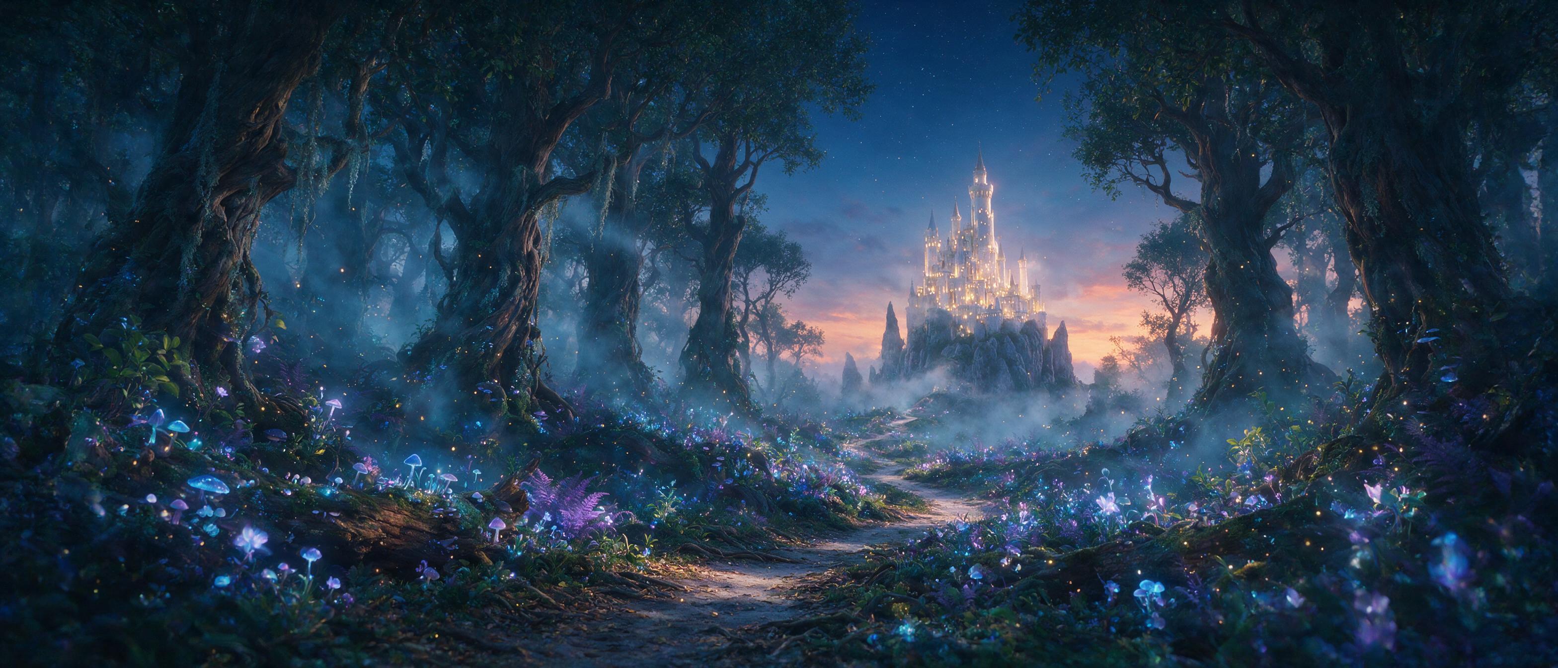 An ethereal glowing forest at twilight, bioluminescent mushrooms and flowers casting soft blue and purple light, a narrow winding path leading to a distant shimmering castle, mist floating between ancient twisted trees, golden particles drifting in the air, cinematic composition, dreamy atmosphere
