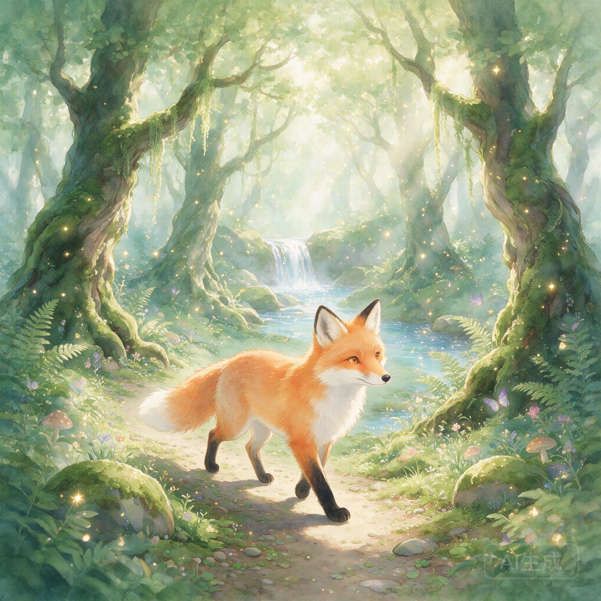Watercolor style illustration of a fox walking through a enchanted forest, soft pastels, magical light particles